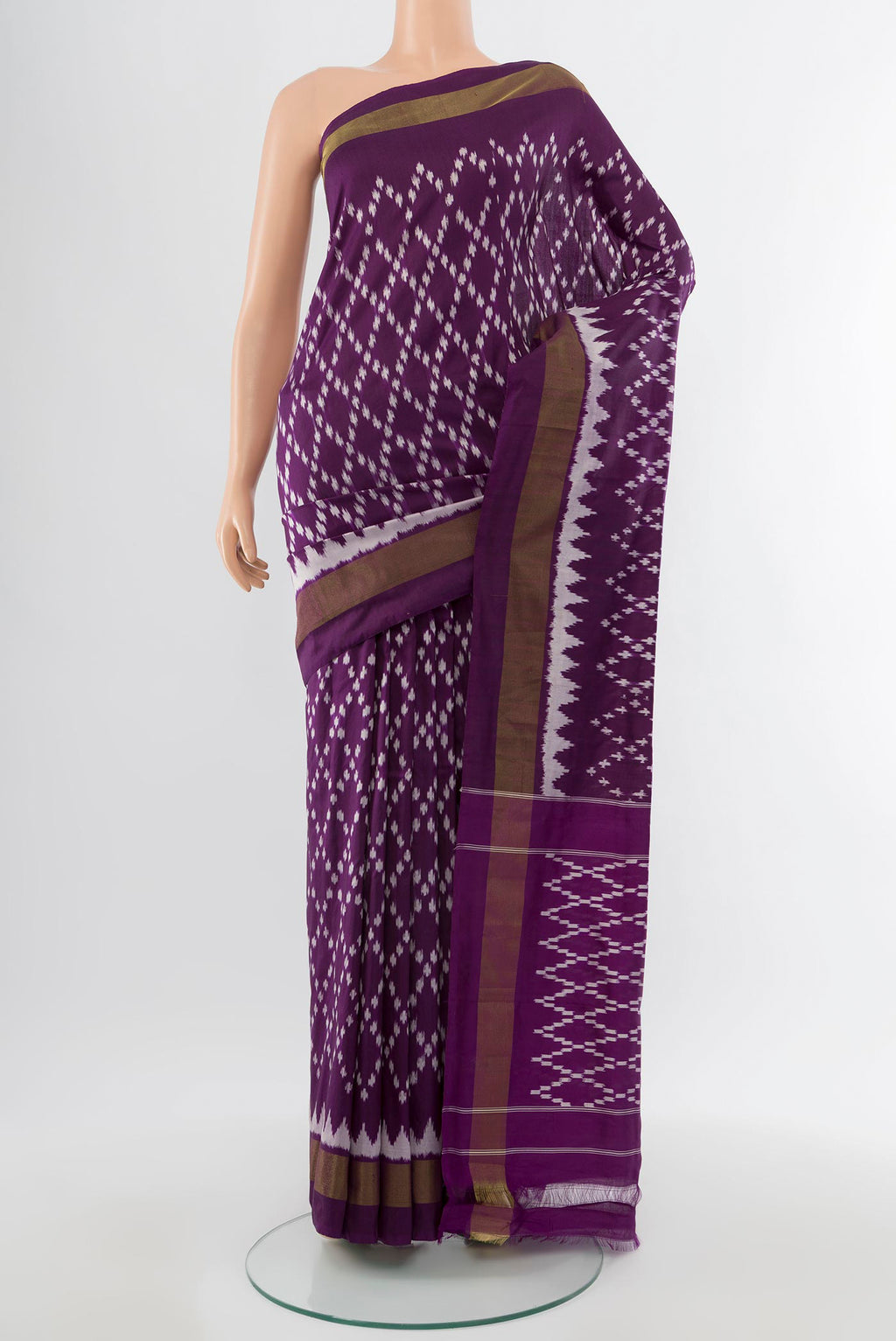 Violet Pochampally Saree with Ikat Print on the body and Silk Border.  displayed on a mannequin