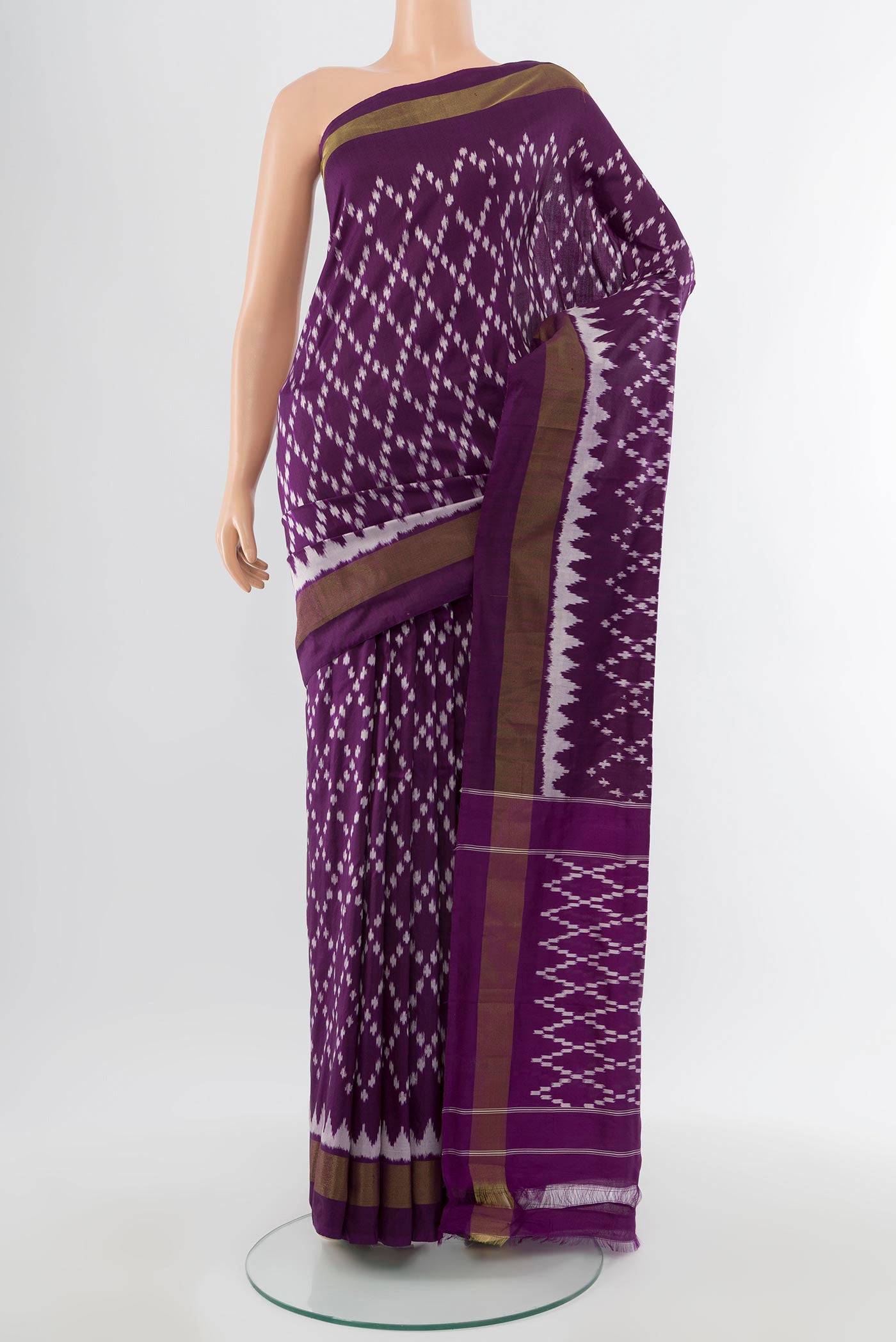 Violet Pochampally Saree with Ikat Print on the body and Silk Border.  displayed on a mannequin