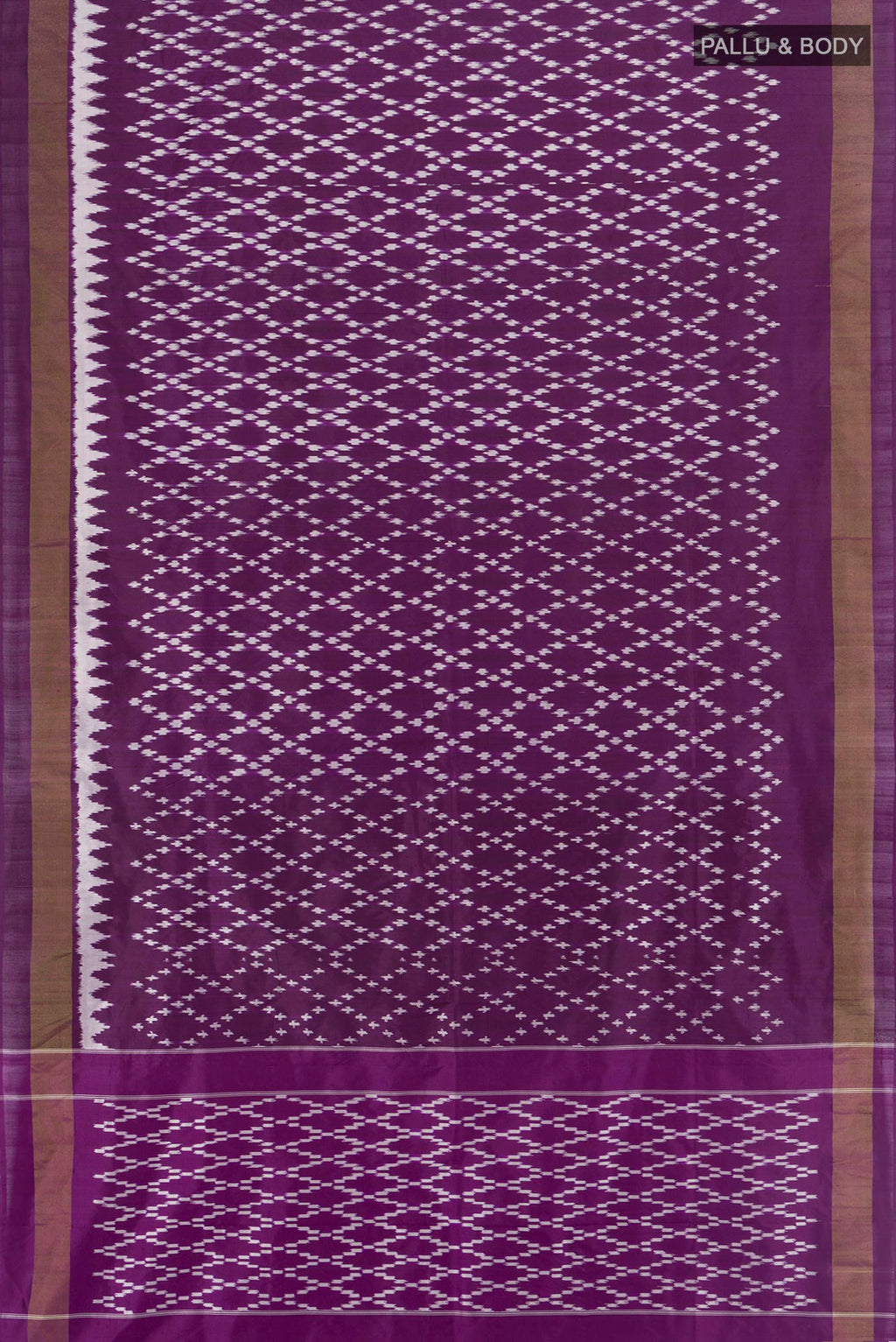 Flat view of Violet Pochampally Saree with Ikat Print on the body and Silk Border. 