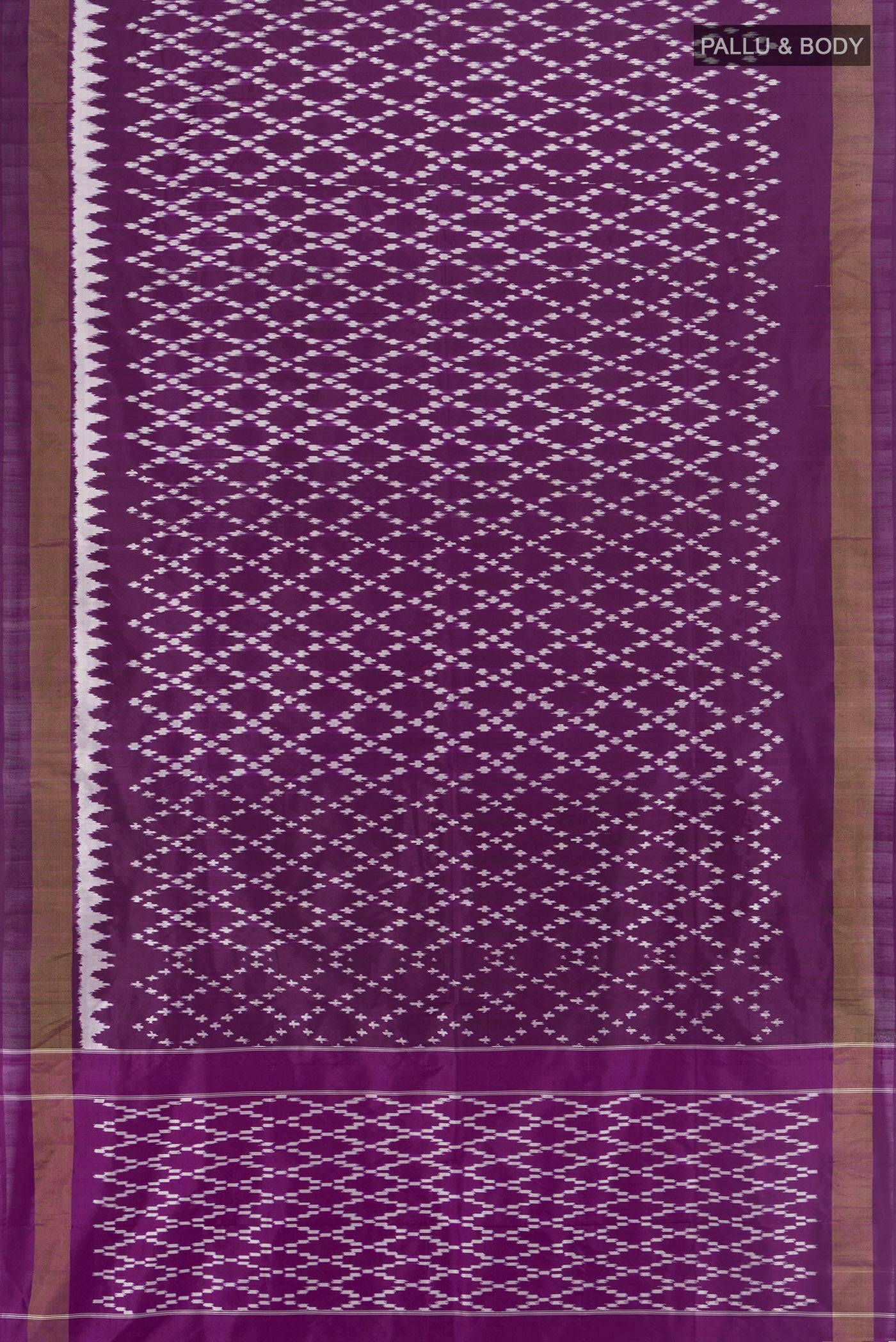 Flat view of Violet Pochampally Saree with Ikat Print on the body and Silk Border. 