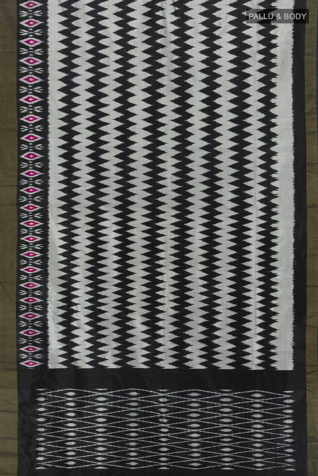 Flat view of Grey Pochampally Silk Saree with Pure Ikat on the body and Ikat Border. 