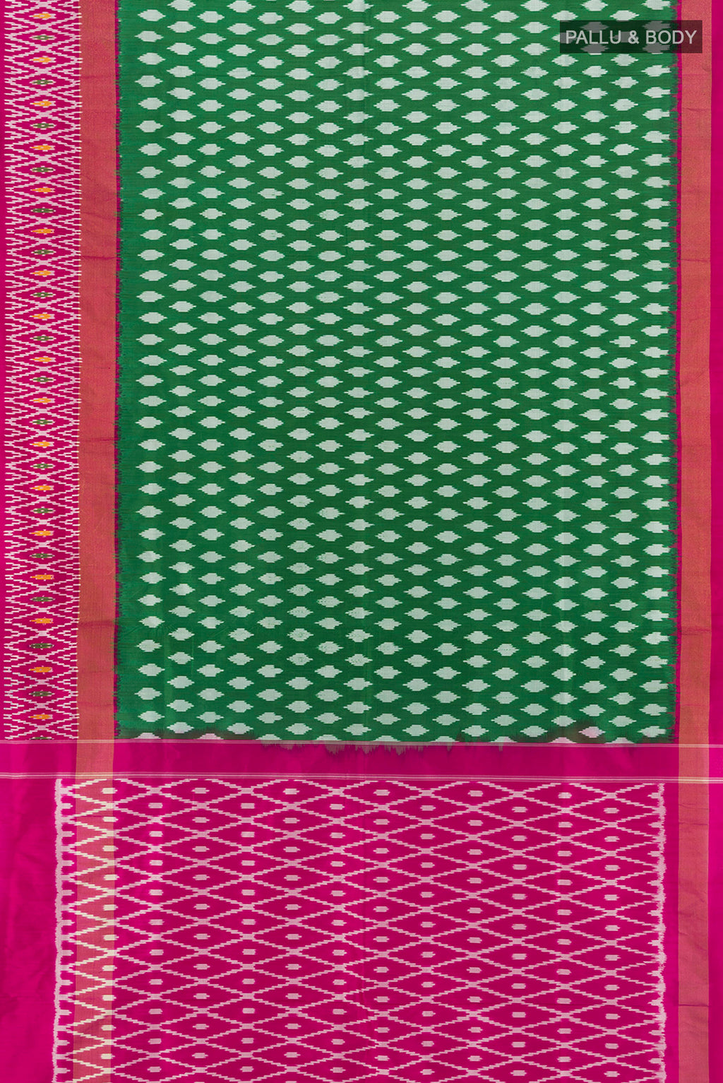 Flat view of Pure Silk Pure Zari Mint Green Pochampally Saree with Ikat Print on the body and Silk Border. 