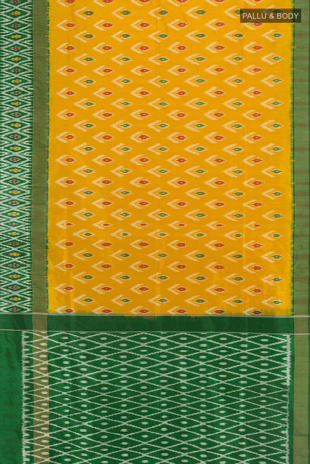 Flat view of Mustard Pochampally Silk Saree with Ikat design on the body and Ikat Border. 