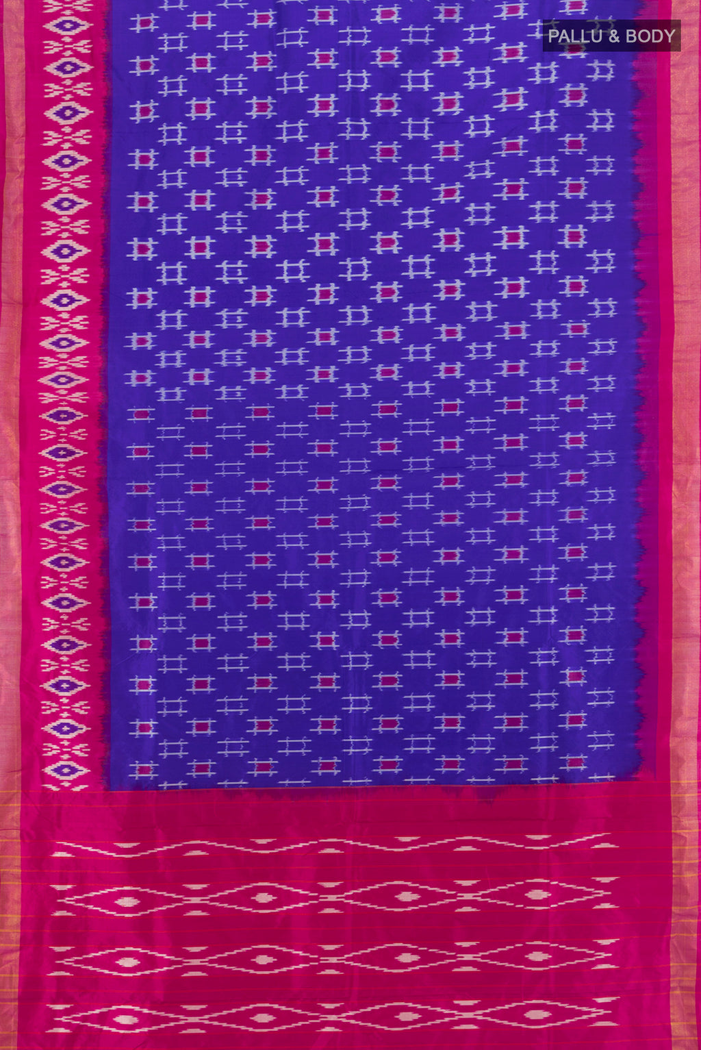 Flat view of Blue Pochampally Silk Saree with Ikat design on the body and Ikat Border. 