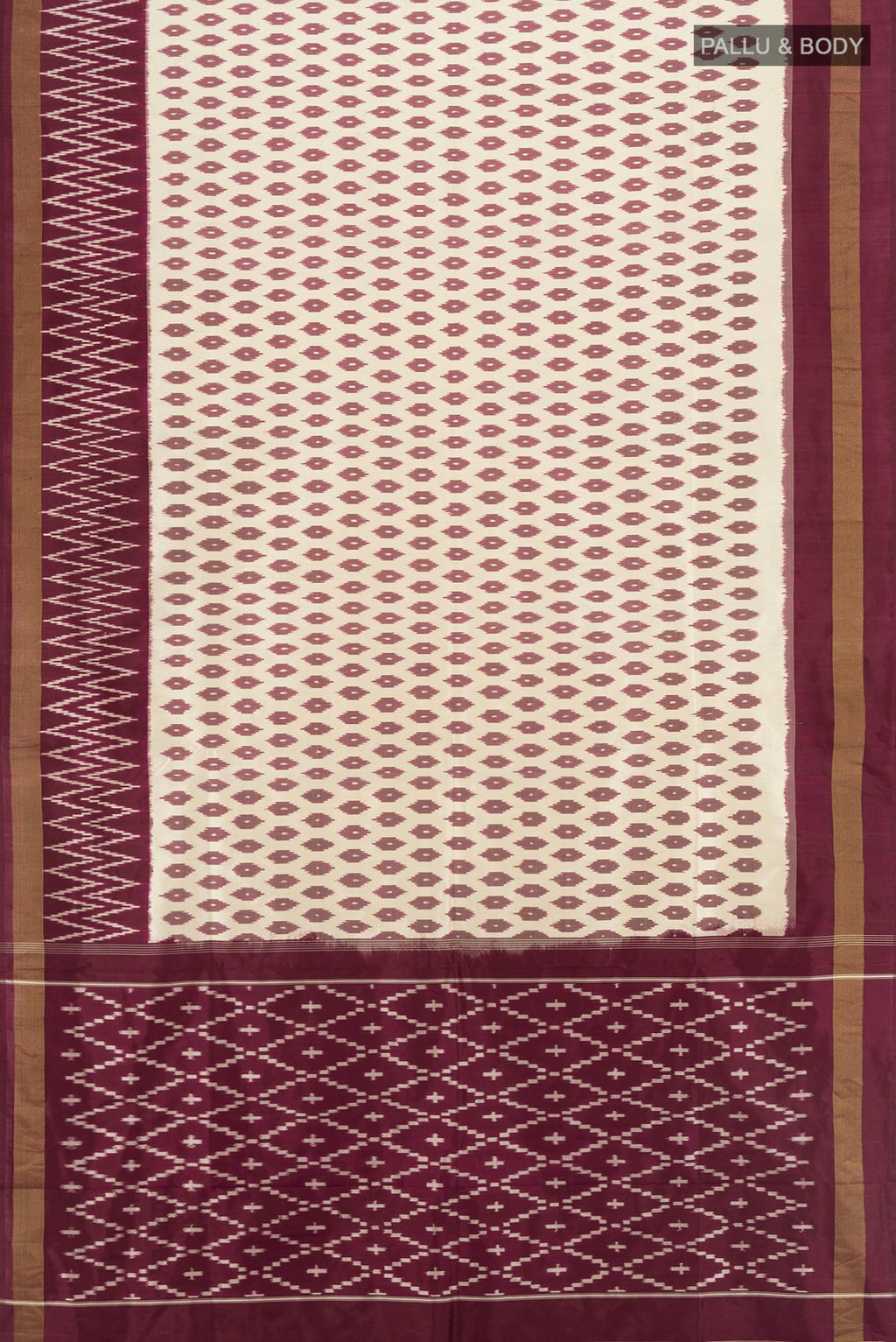 Flat view of Cream Pochampally Silk Saree with Pure Ikat on the body and Ikat Border. 