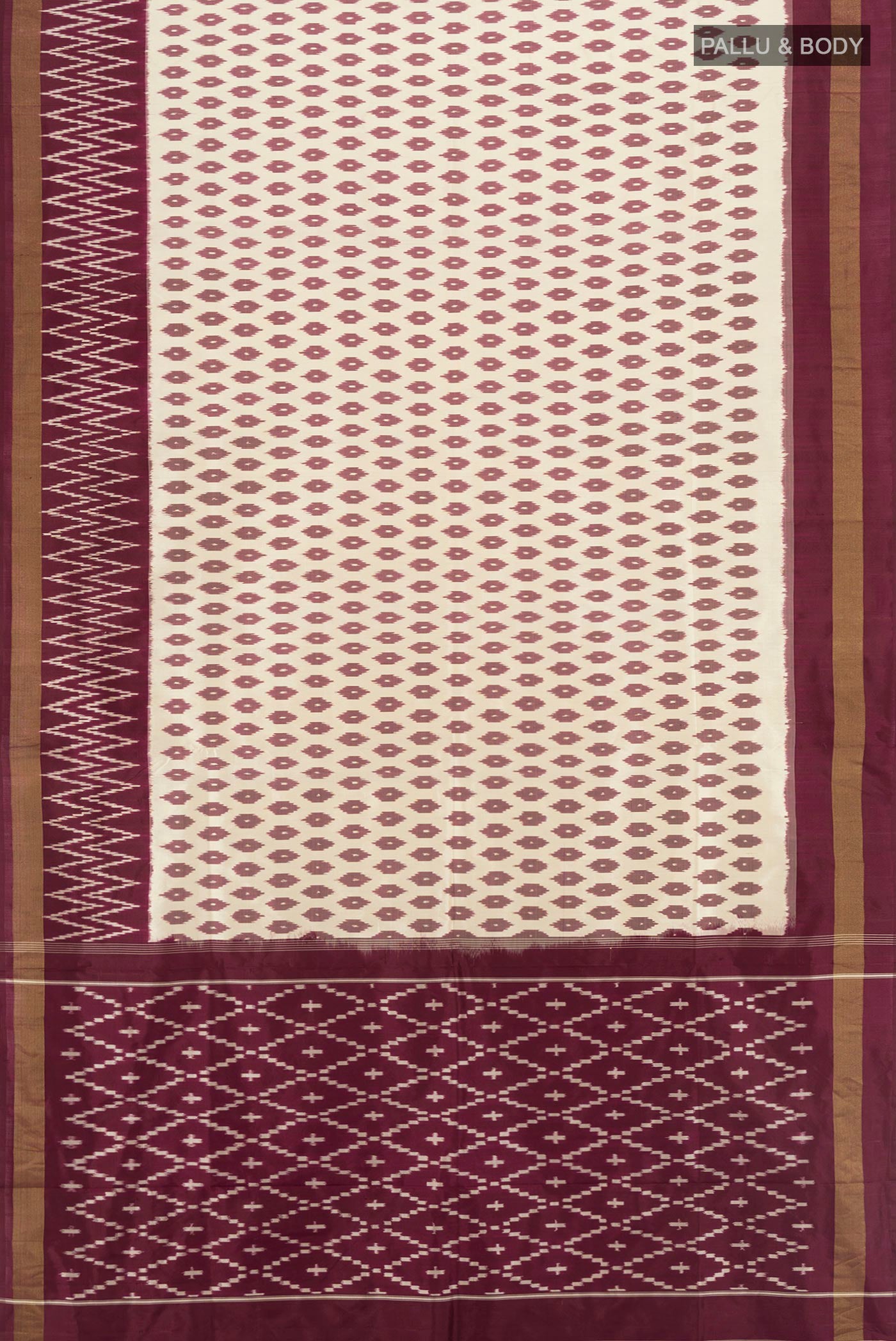 Flat view of Cream Pochampally Silk Saree with Pure Ikat on the body and Ikat Border. 