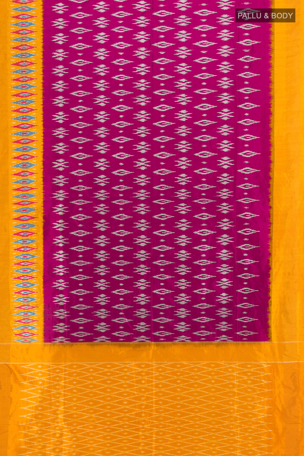 Flat view of Purple Pochampally Silk Saree with Ikat design on the body and Ikat Border. 