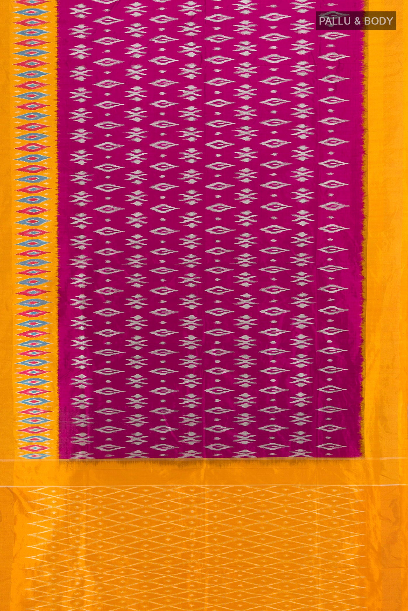 Flat view of Purple Pochampally Silk Saree with Ikat design on the body and Ikat Border. 