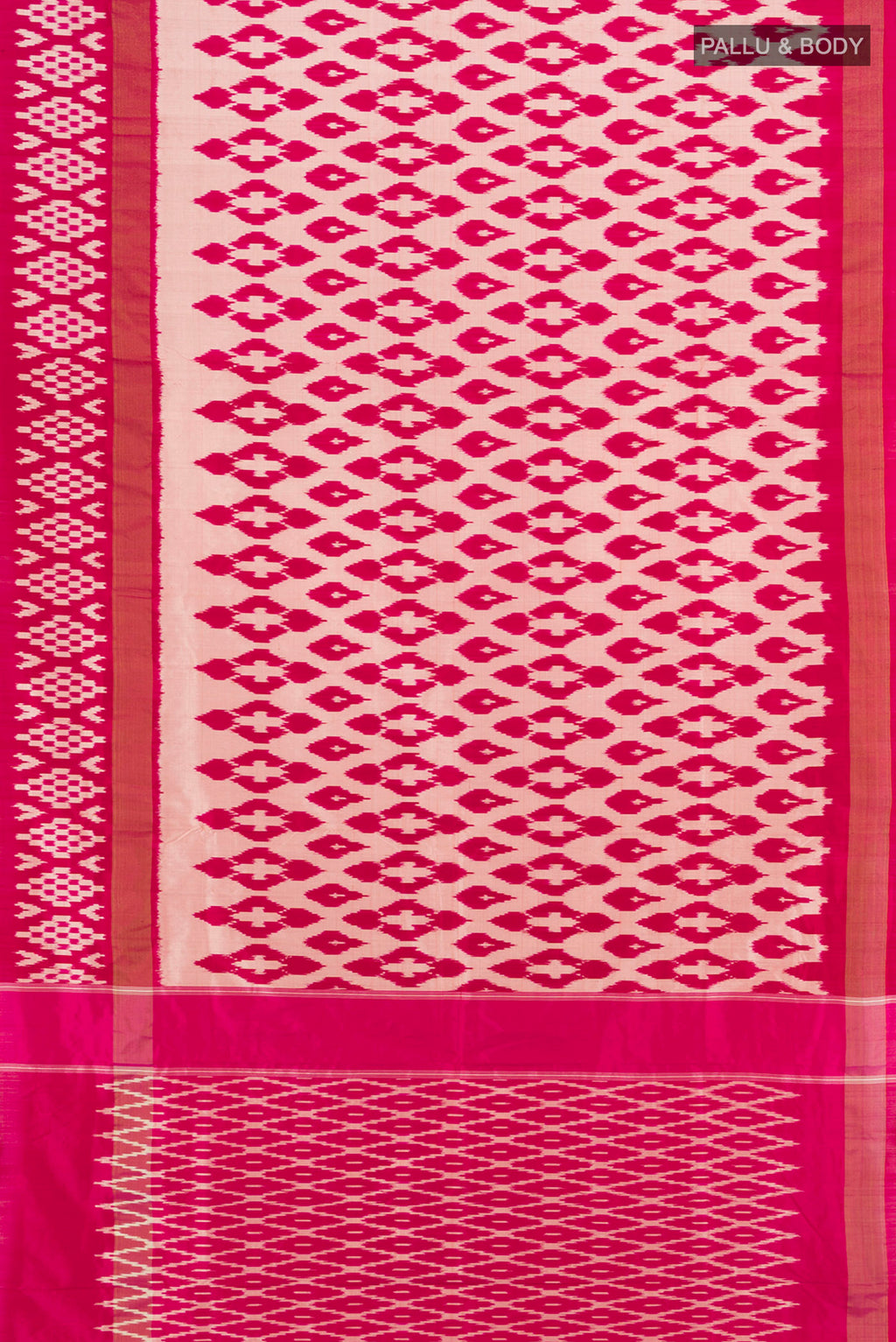 Flat view of Multi Color Pochampally Saree with Ikat Print on the body and Silk Border. 