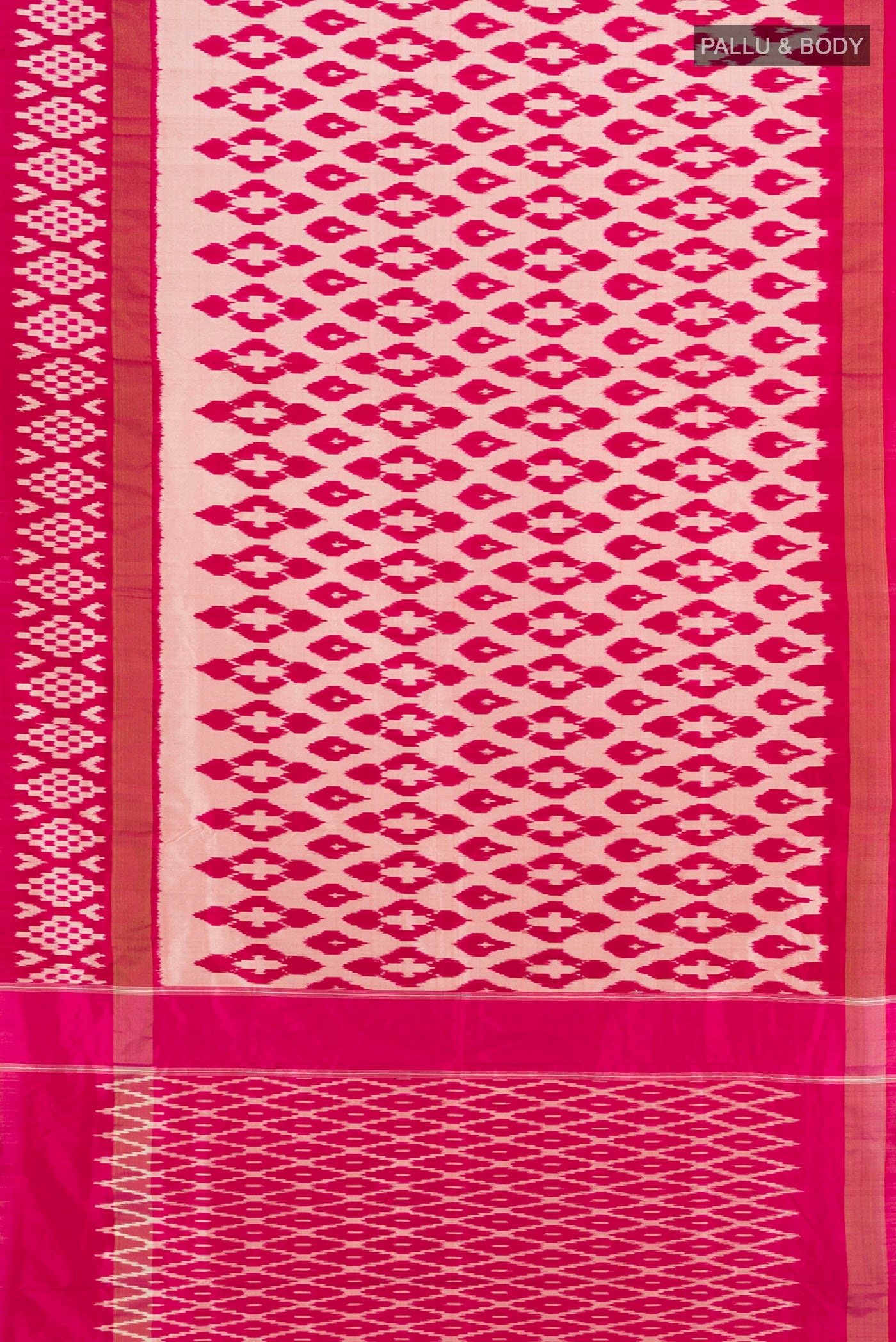 Flat view of Multi Color Pochampally Saree with Ikat Print on the body and Silk Border. 