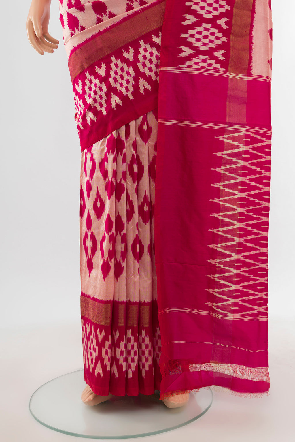 Pleats and pallu of Multi Color Pochampally Saree with Ikat Print on the body and Silk Border. 