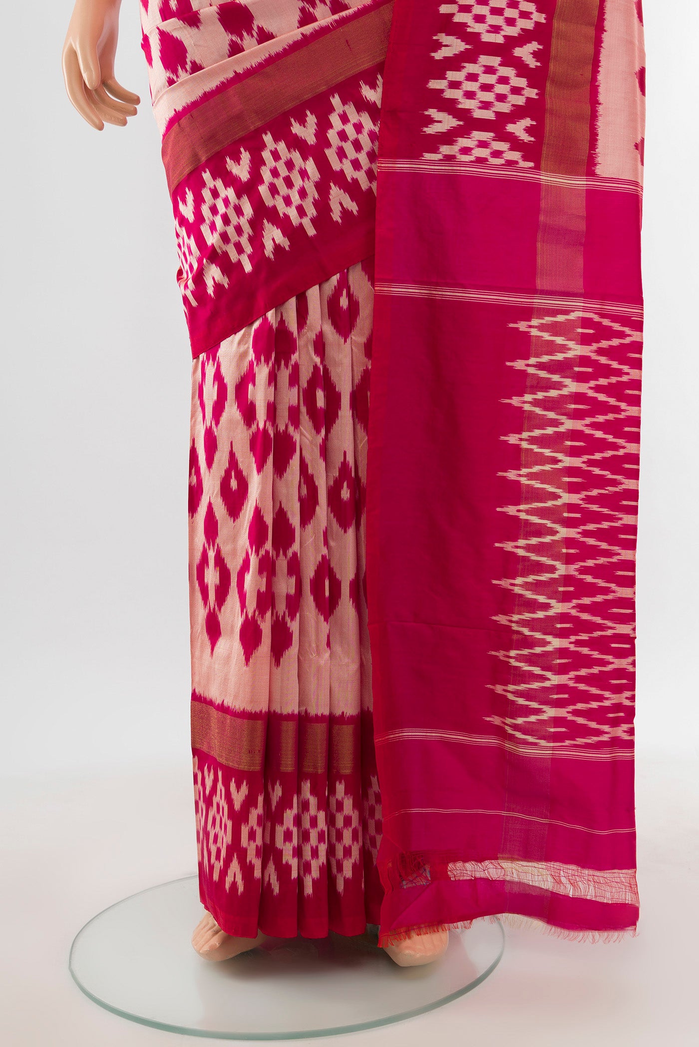 Pleats and pallu of Multi Color Pochampally Saree with Ikat Print on the body and Silk Border. 