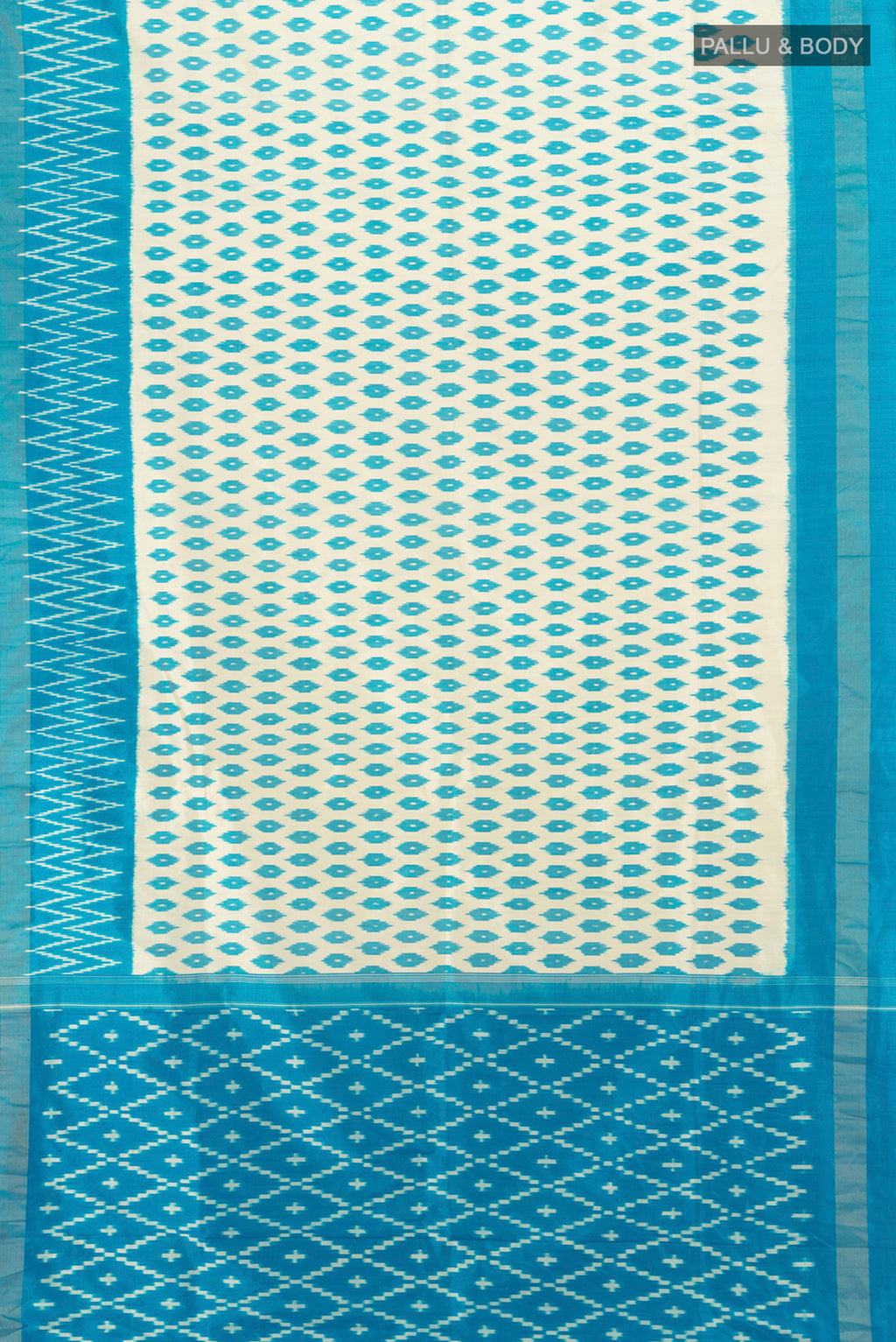 Flat view of Cream Pochampally Silk Saree with Ikat design on the body and Ikat Border. 