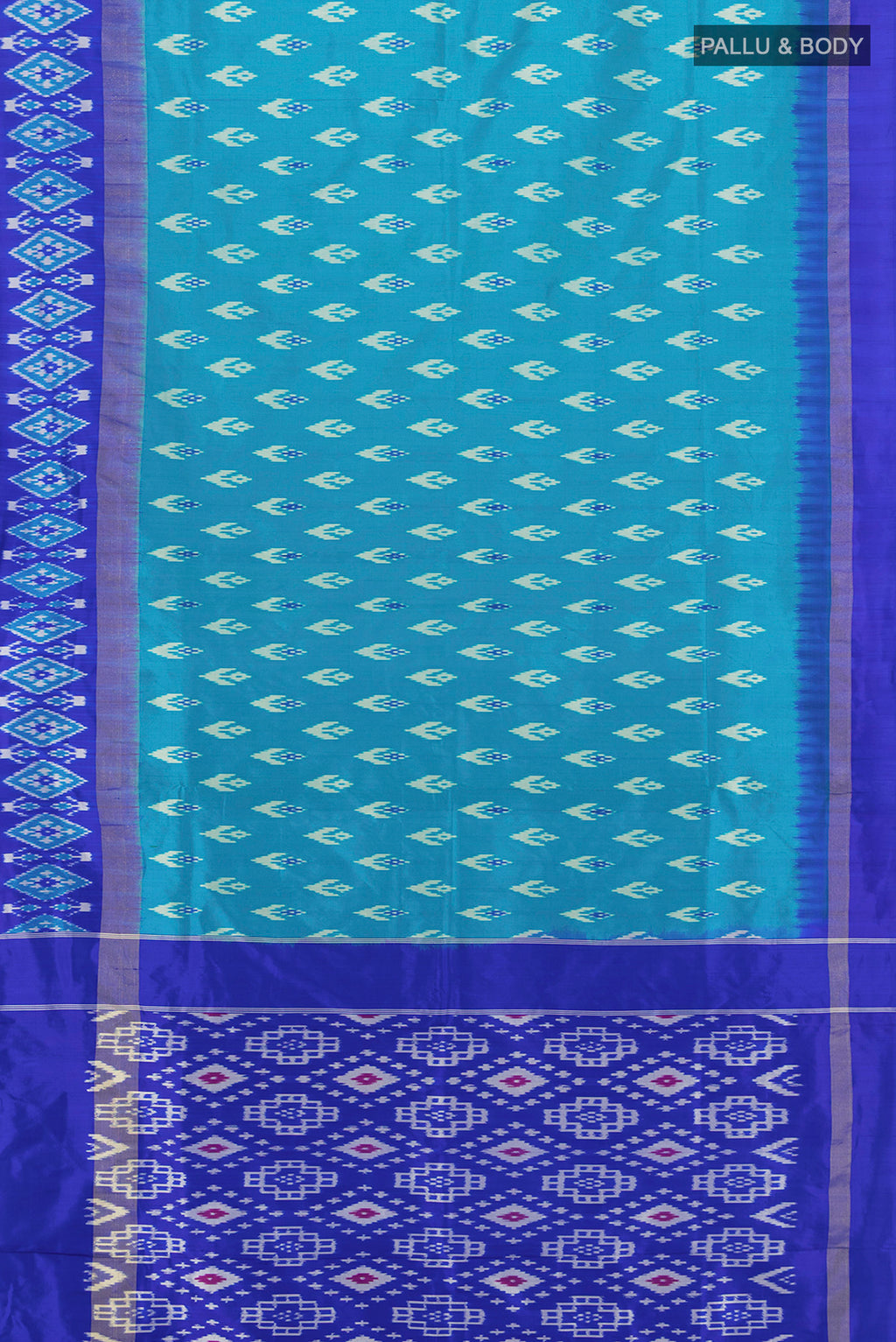 Flat view of Pure Silk Pure Zari Light Blue Pochampally Saree with Ikat Print on the body and Silk Border. 