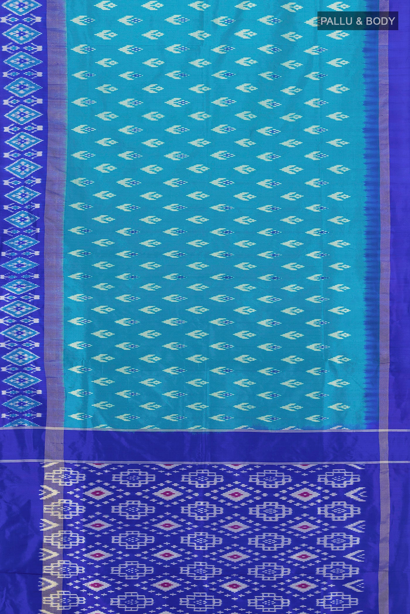 Flat view of Pure Silk Pure Zari Light Blue Pochampally Saree with Ikat Print on the body and Silk Border. 