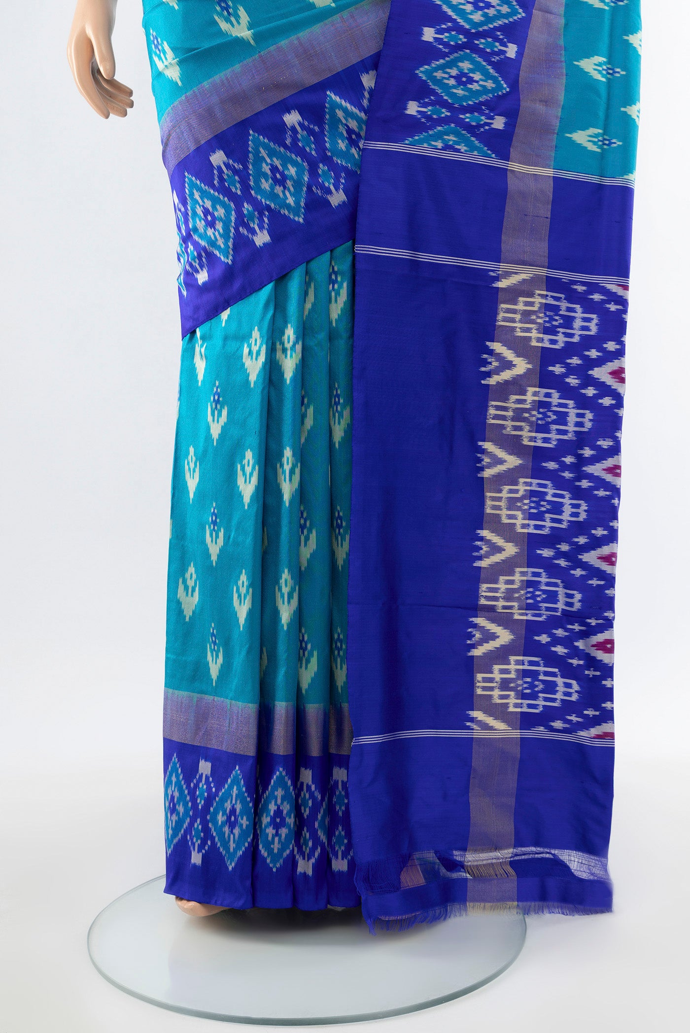 Pleats and pallu of Pure Silk Pure Zari Light Blue Pochampally Saree with Ikat Print on the body and Silk Border. 