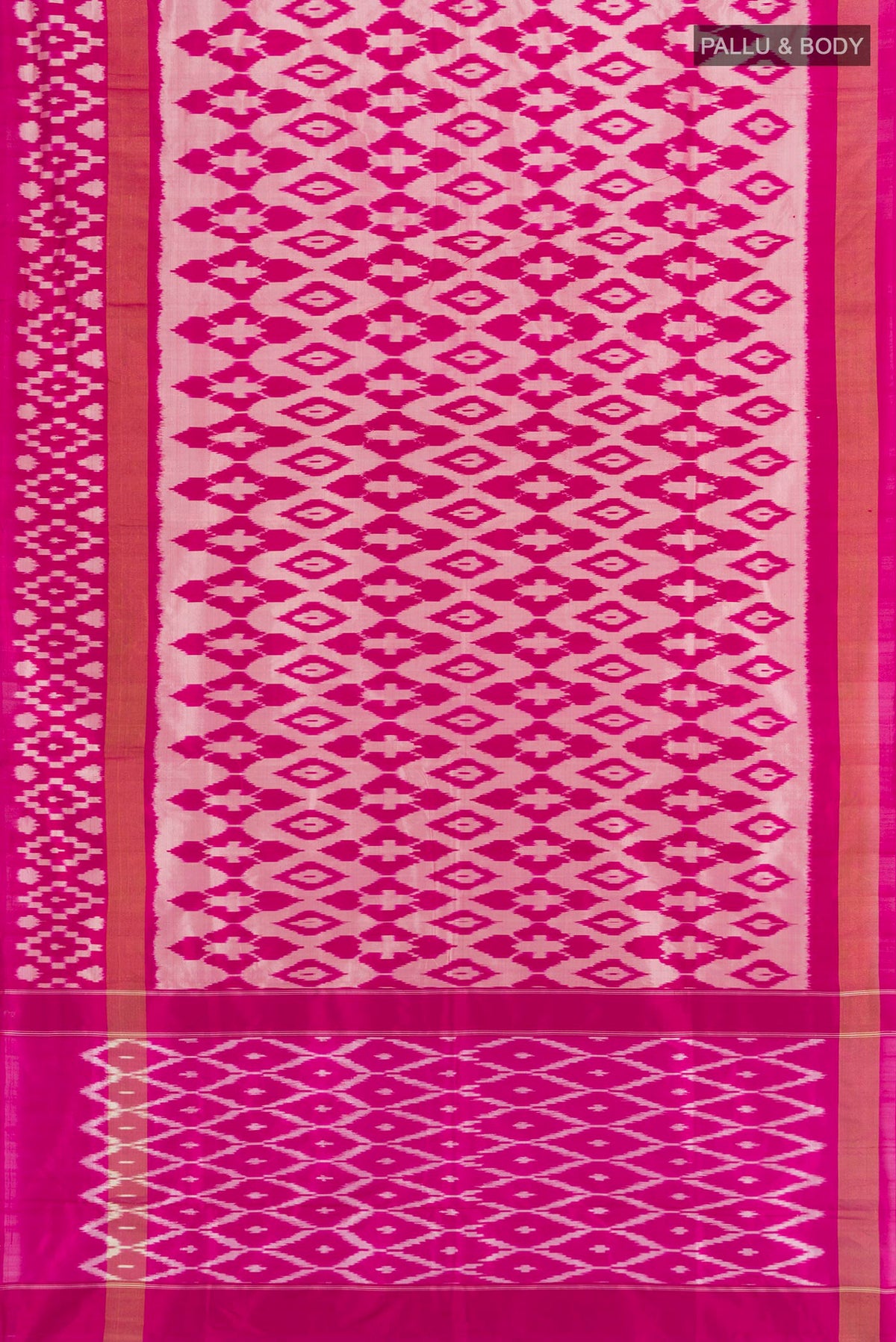 Flat view of Pink Pochampally Silk Saree with Pure Ikat on the body and Ikat Border. 