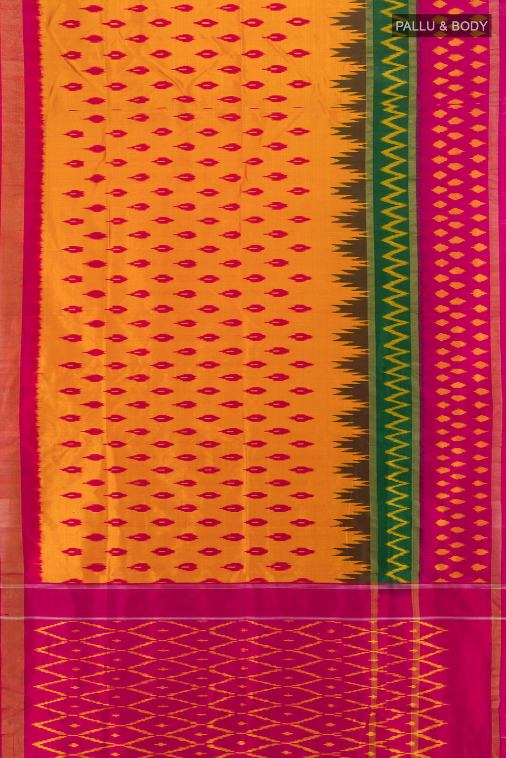 Flat view of Yellow Pochampally Silk Saree with Pure Ikat on the body and Ikat Border. 