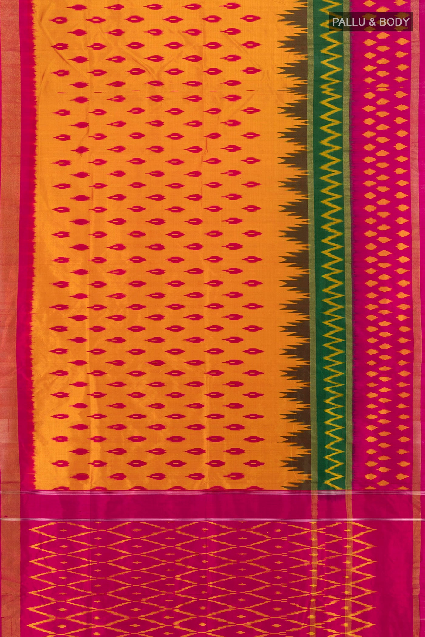 Flat view of Yellow Pochampally Silk Saree with Pure Ikat on the body and Ikat Border. 