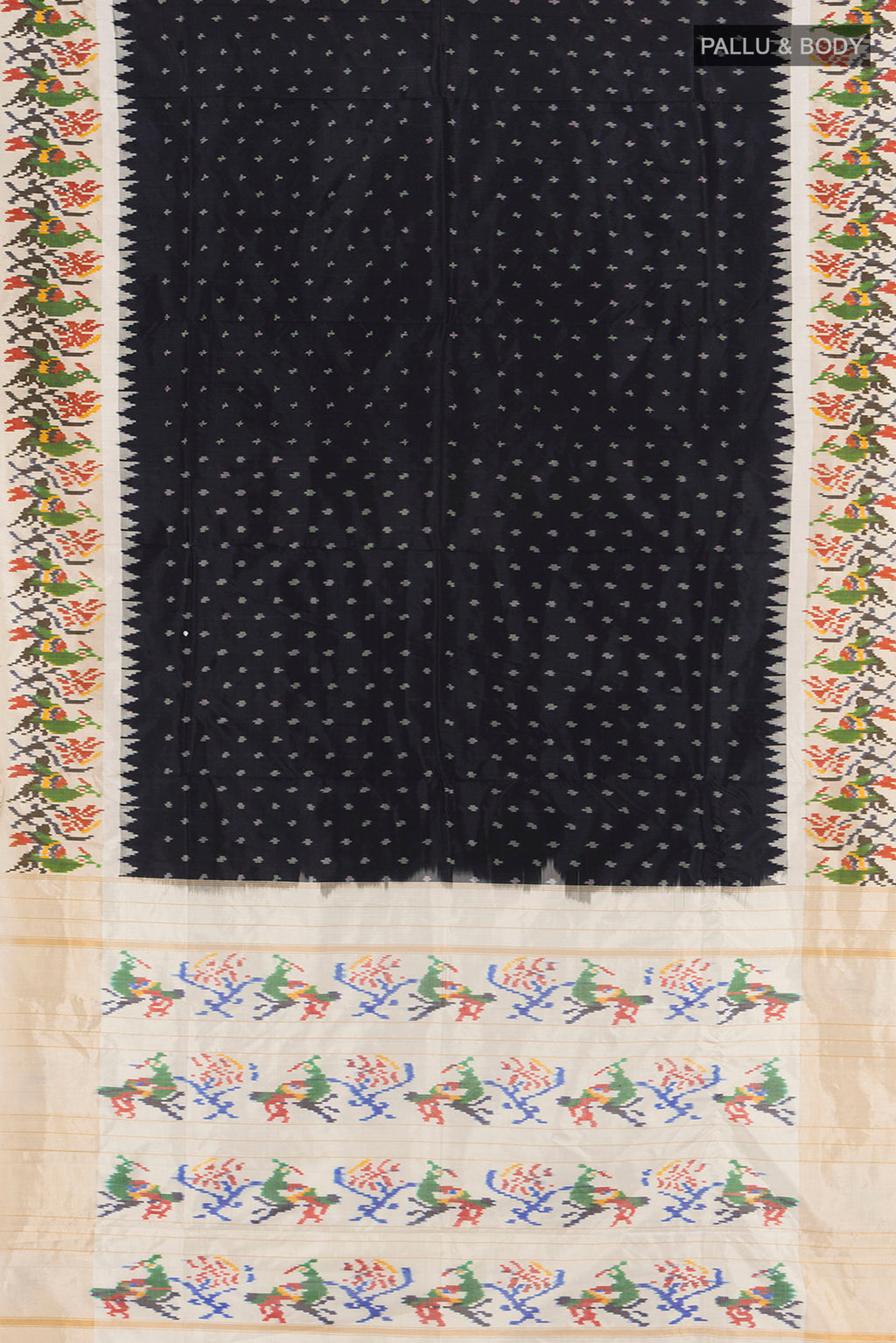 Flat view of Black Pochampally Silk Saree with Ikat design on the body and Ikat Border. 