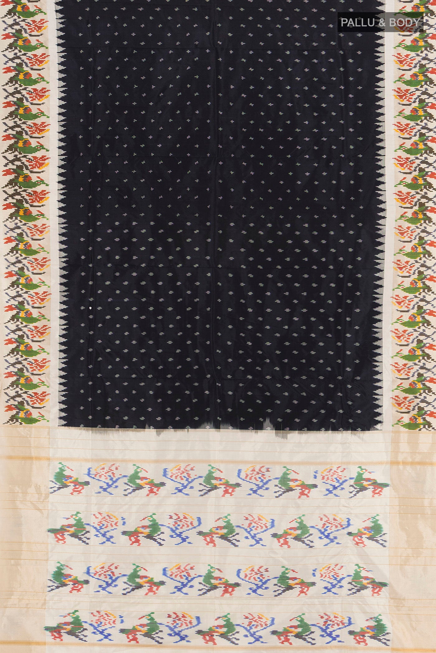 Flat view of Black Pochampally Silk Saree with Ikat design on the body and Ikat Border. 