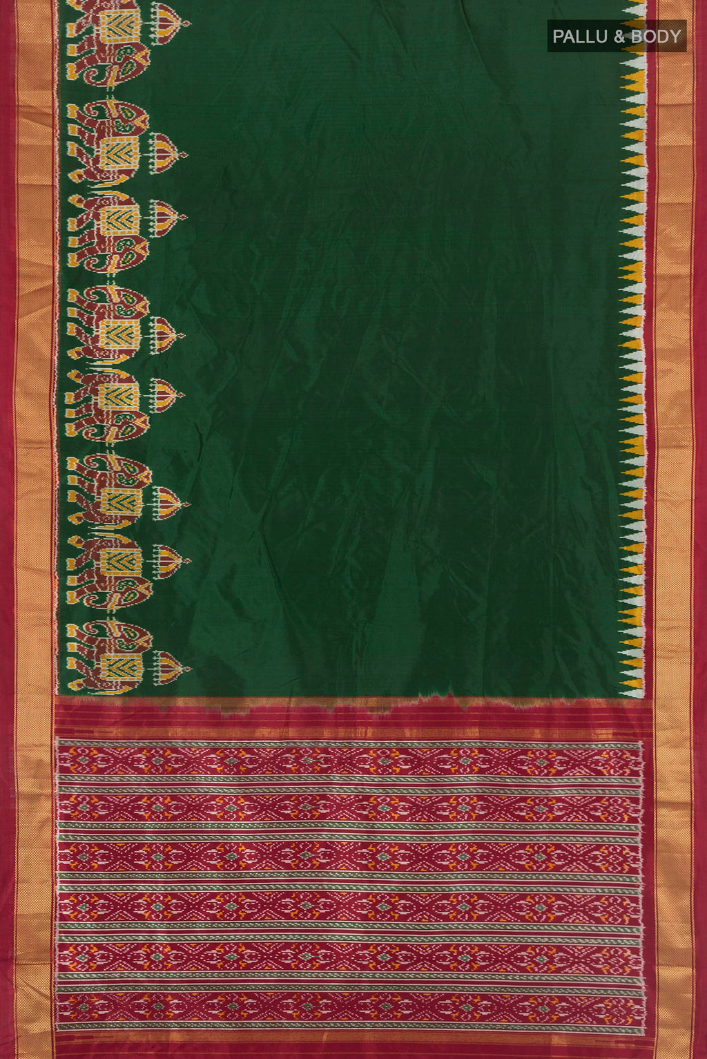 Flat view of Bottle Green Pochampally Silk Saree with Plain Body and Zari Border. 