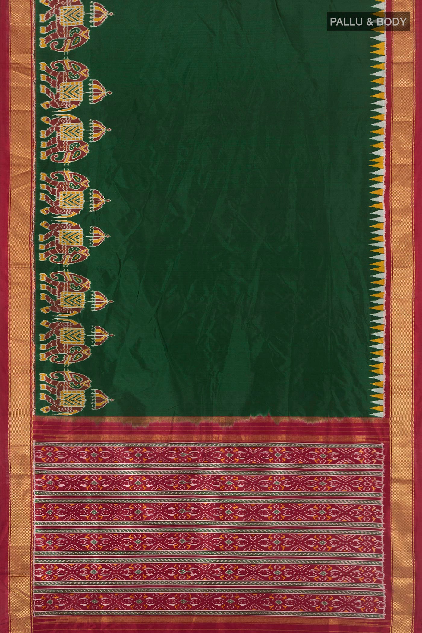 Flat view of Bottle Green Pochampally Silk Saree with Plain Body and Zari Border. 