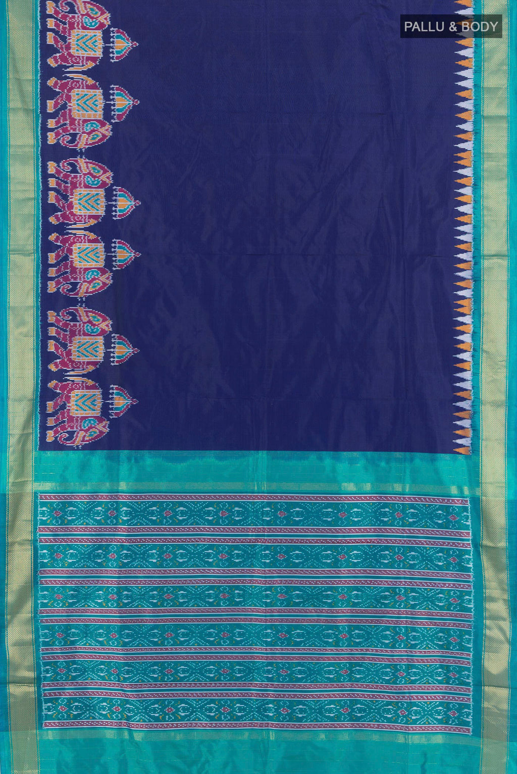 Flat view of Pure Silk Navy Blue Pochampally Saree with Plain Body and Zari Border. 