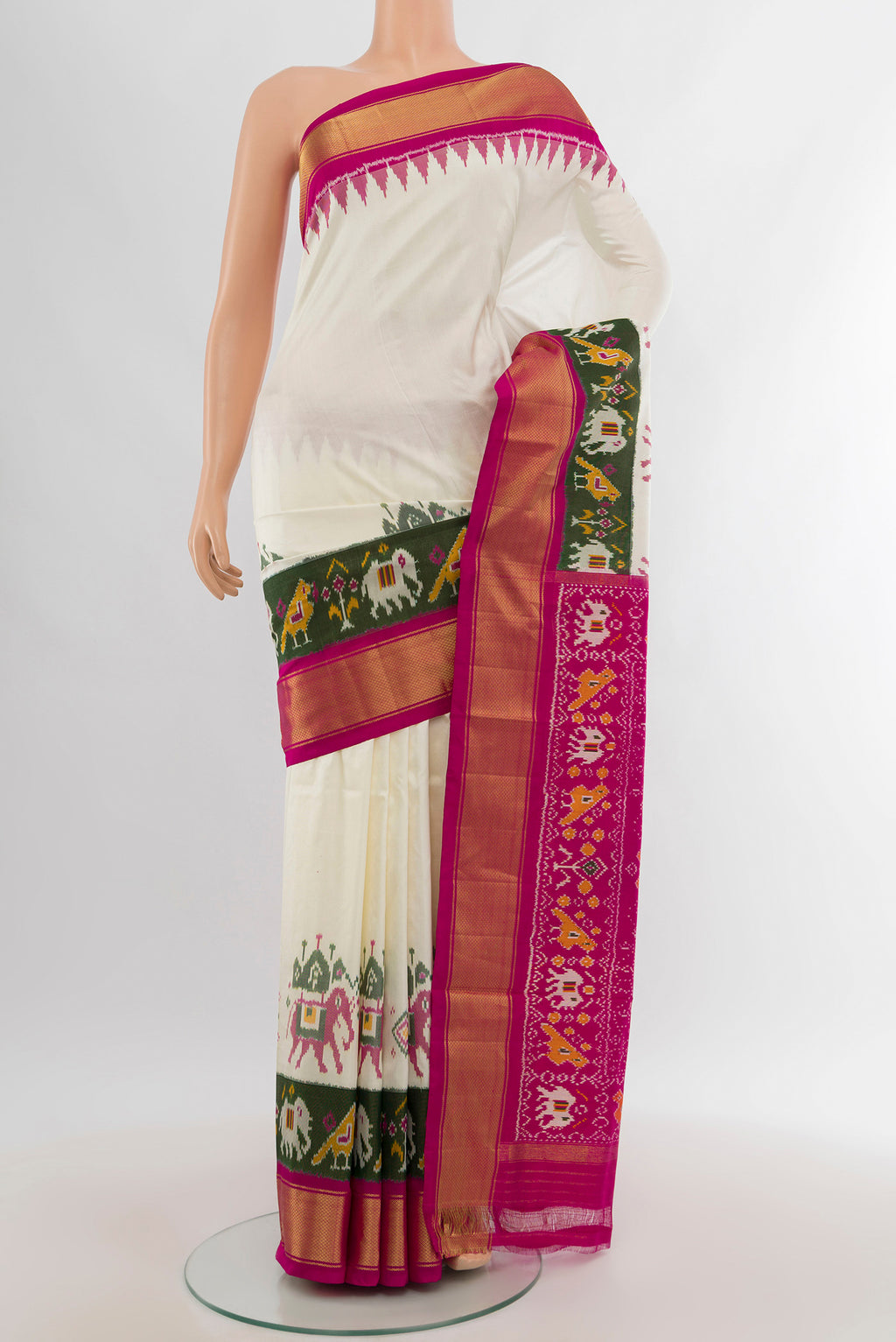 White Pochampally Silk Saree with Plain Body and Ikat Border.  displayed on a mannequin
