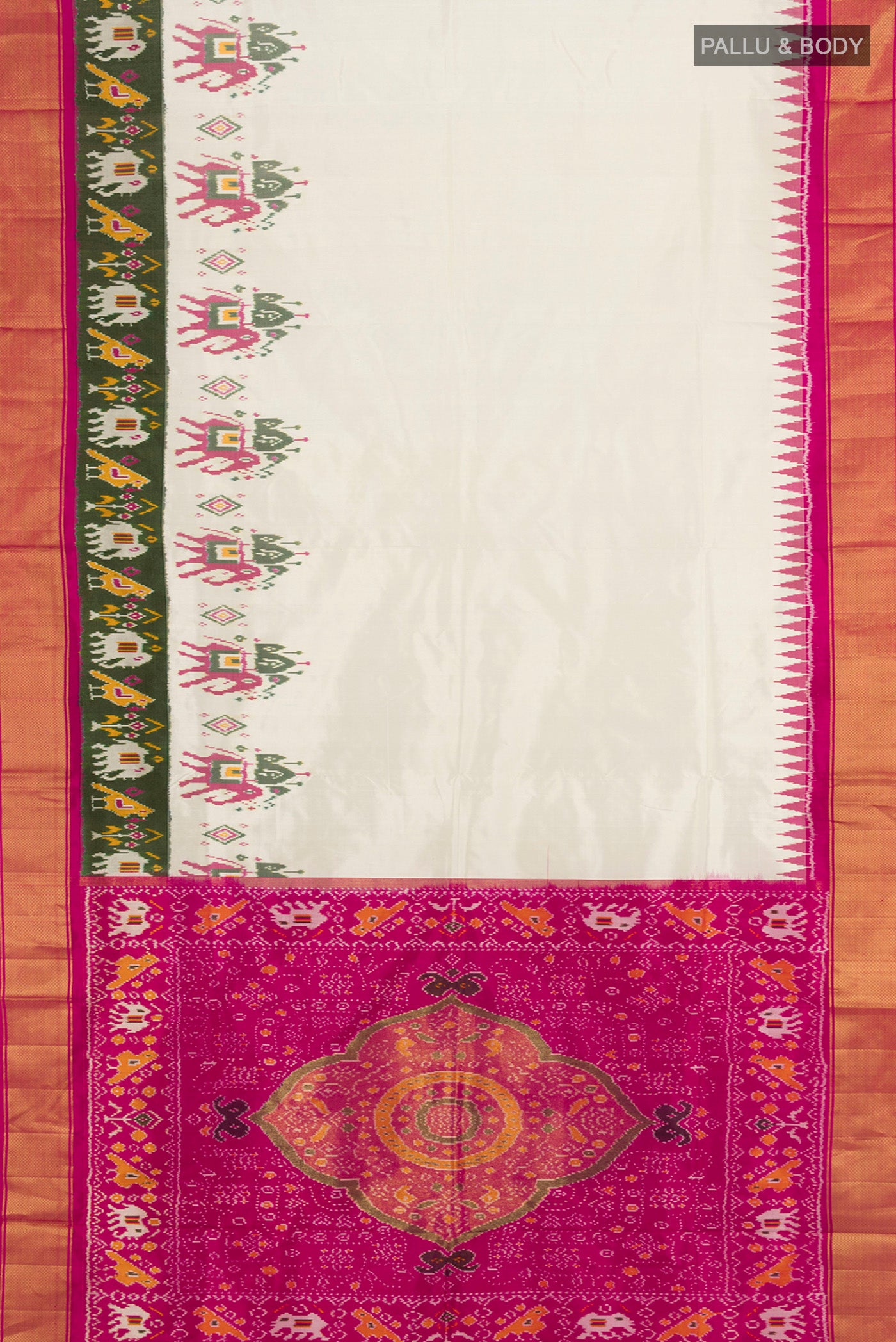 Flat view of White Pochampally Silk Saree with Plain Body and Ikat Border. 