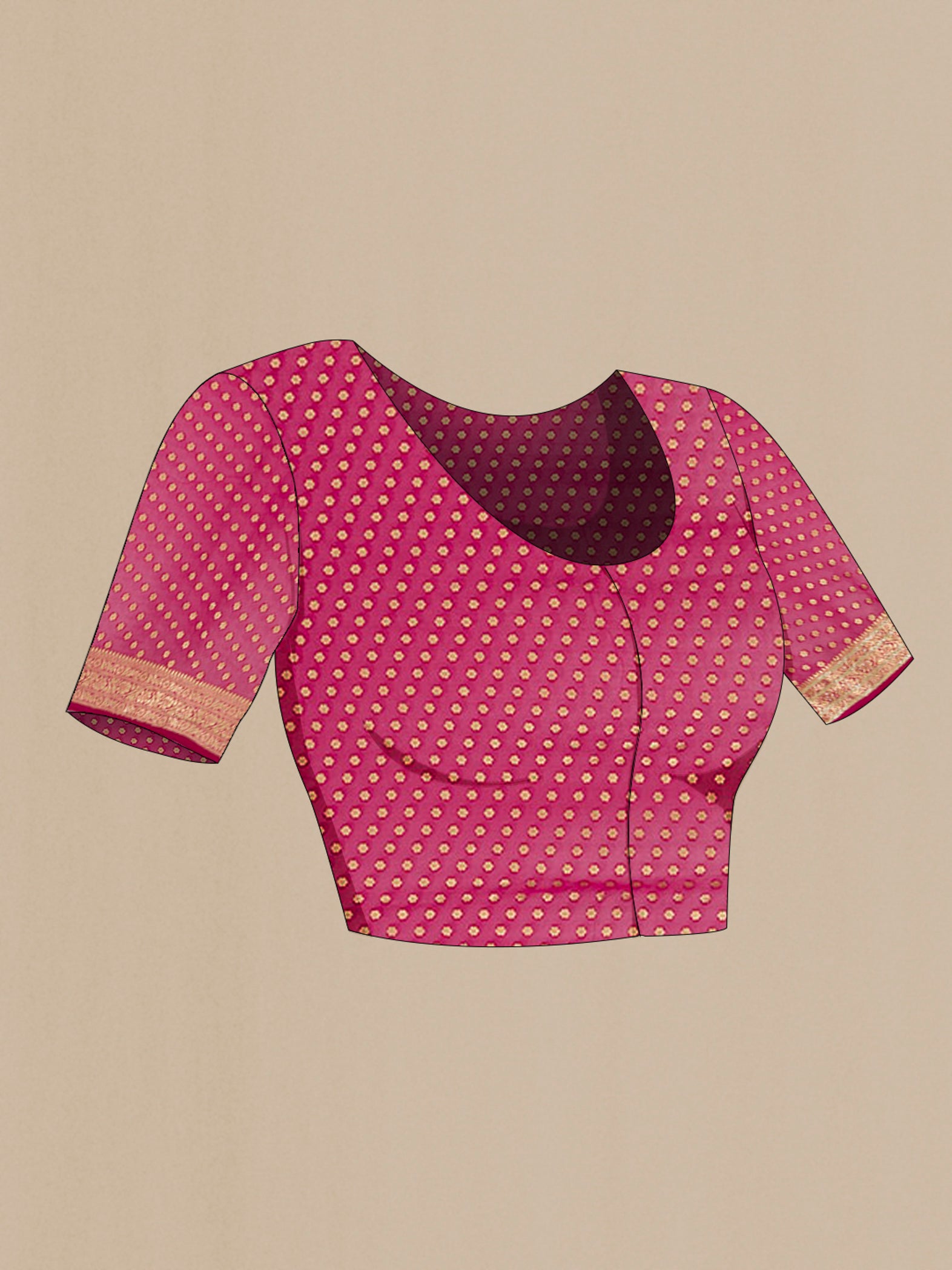 Close up image of the blouse of Maroon Embroidery Net Saree with Zari Butta on the body and Silk Border. 