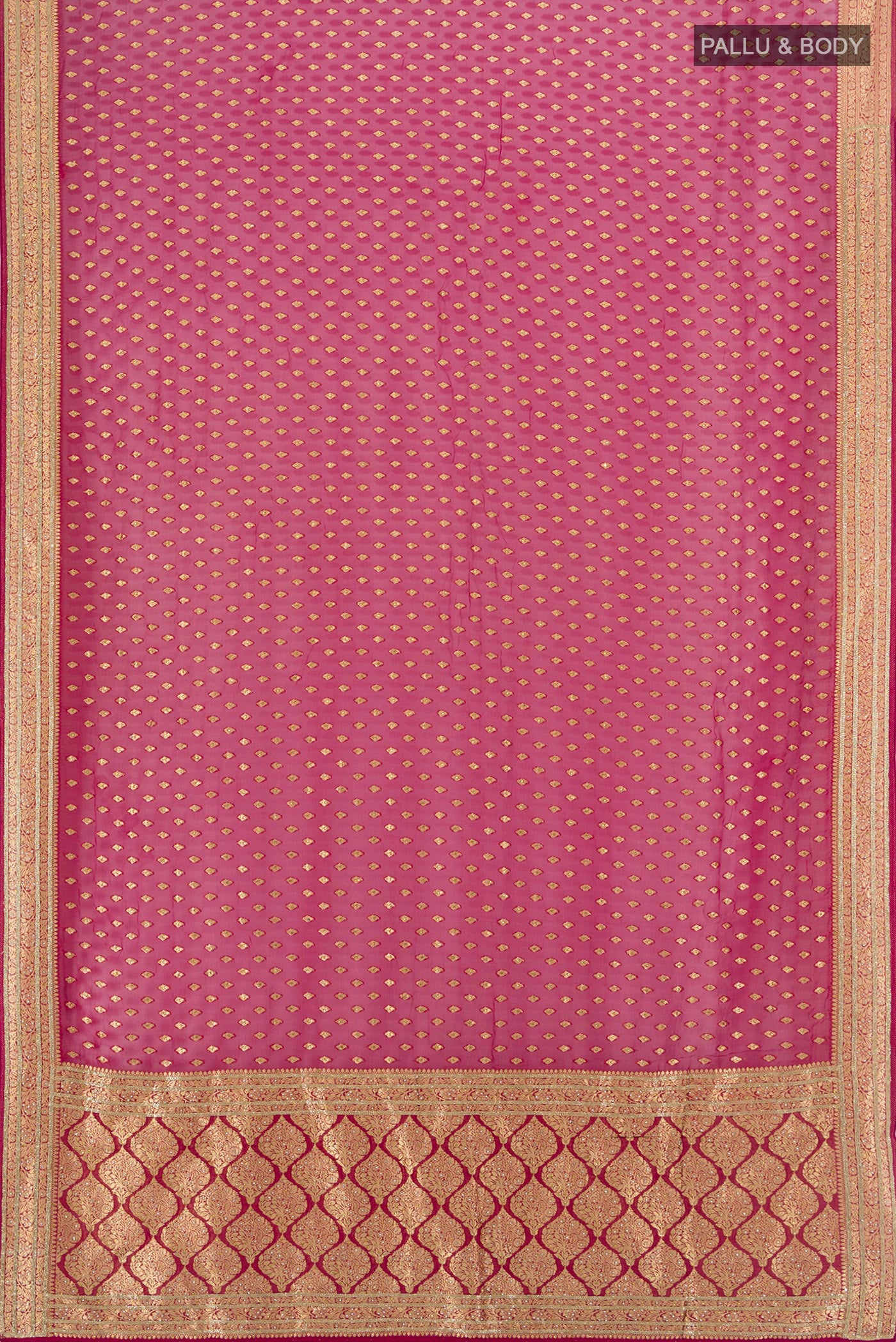 Flat view of Maroon Embroidery Net Saree with Zari Butta on the body and Silk Border. 