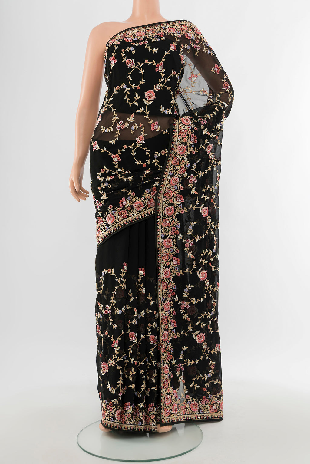 Black Embroidery Net Saree with Embroidery on the body and Embroidery Border.  displayed on a mannequin