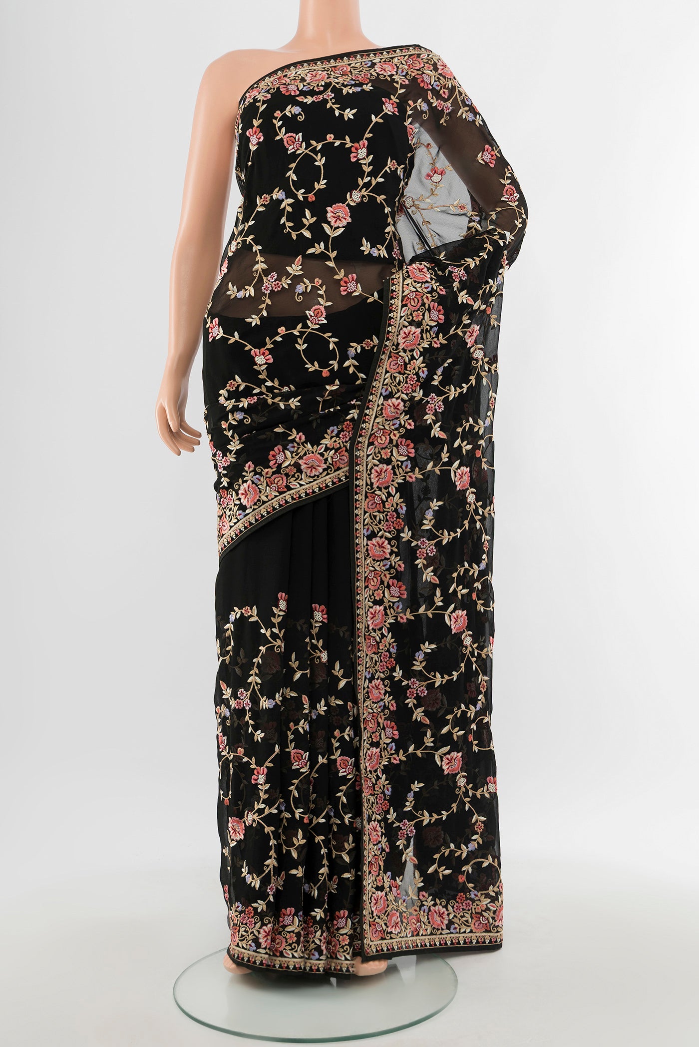 Black Embroidery Net Saree with Embroidery on the body and Embroidery Border.  displayed on a mannequin