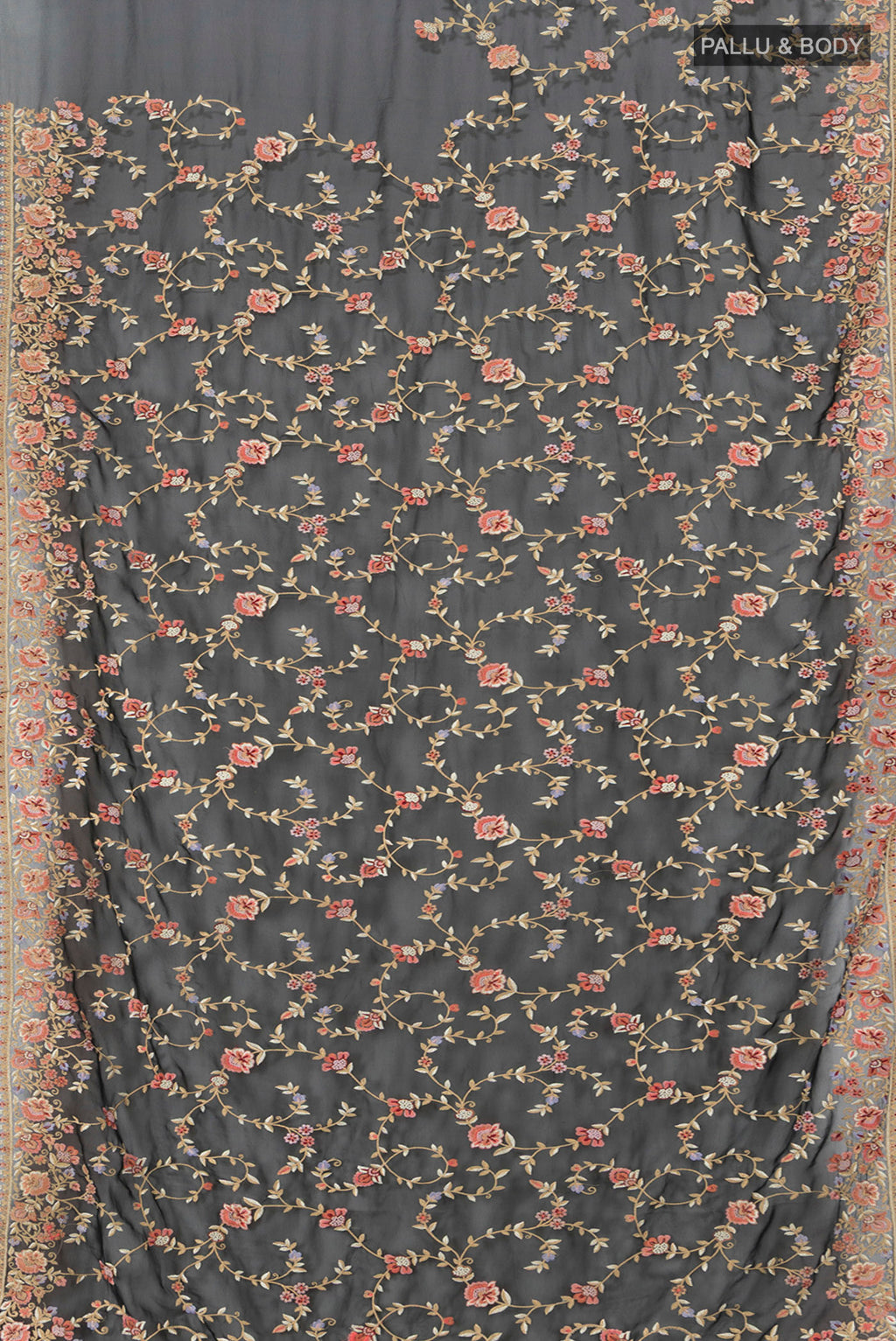 Flat view of Black Embroidery Net Saree with Embroidery on the body and Embroidery Border. 