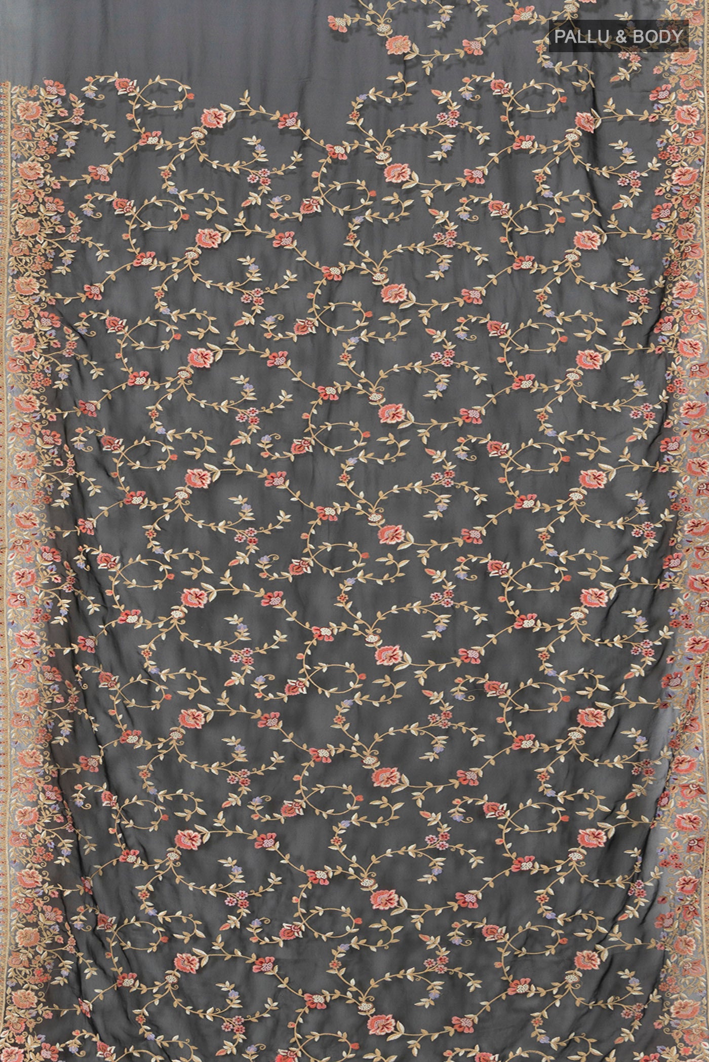 Flat view of Black Embroidery Net Saree with Embroidery on the body and Embroidery Border. 