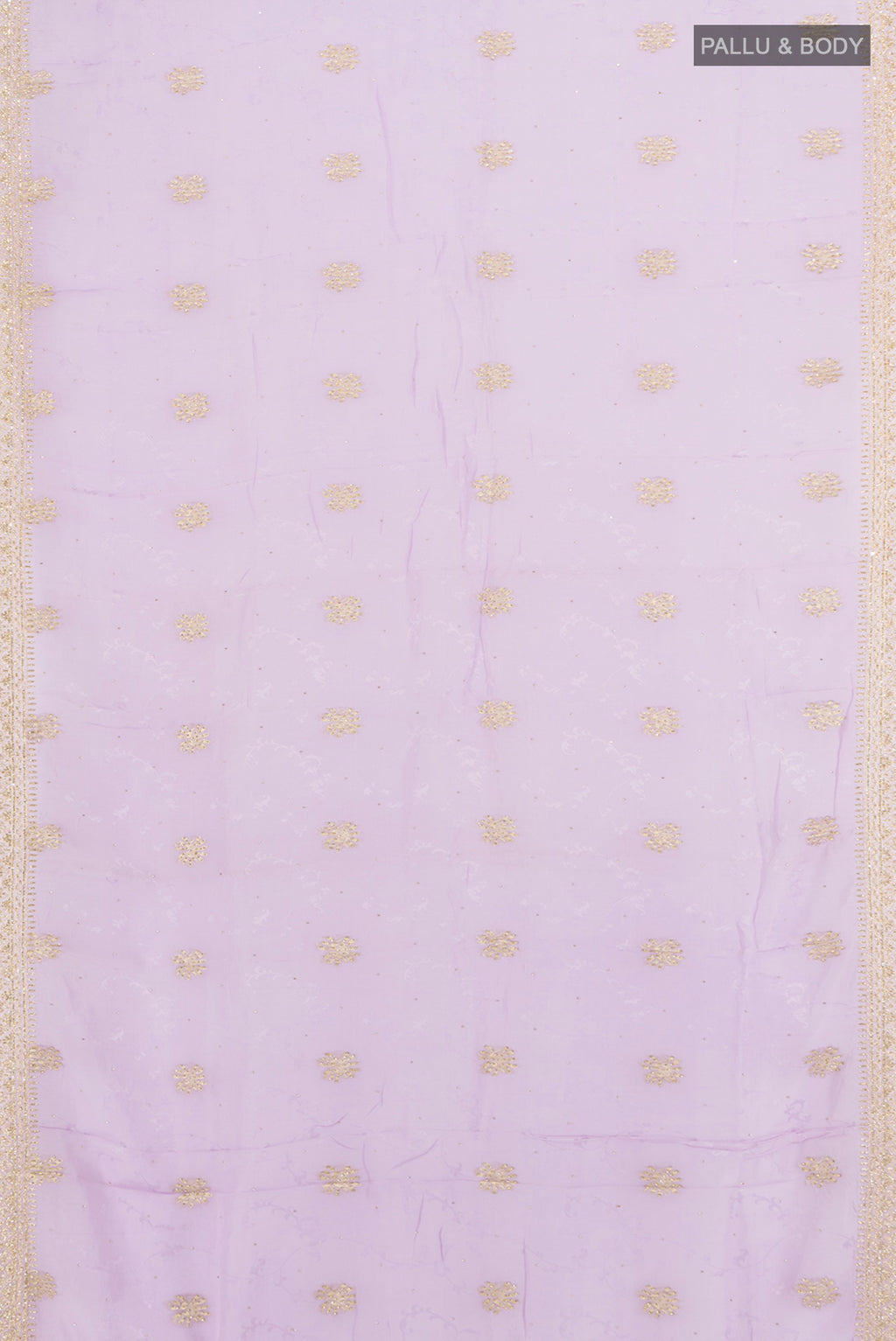 Flat view of Violet Embroidery Net Saree with Embroidery on the body and Silk Border. 
