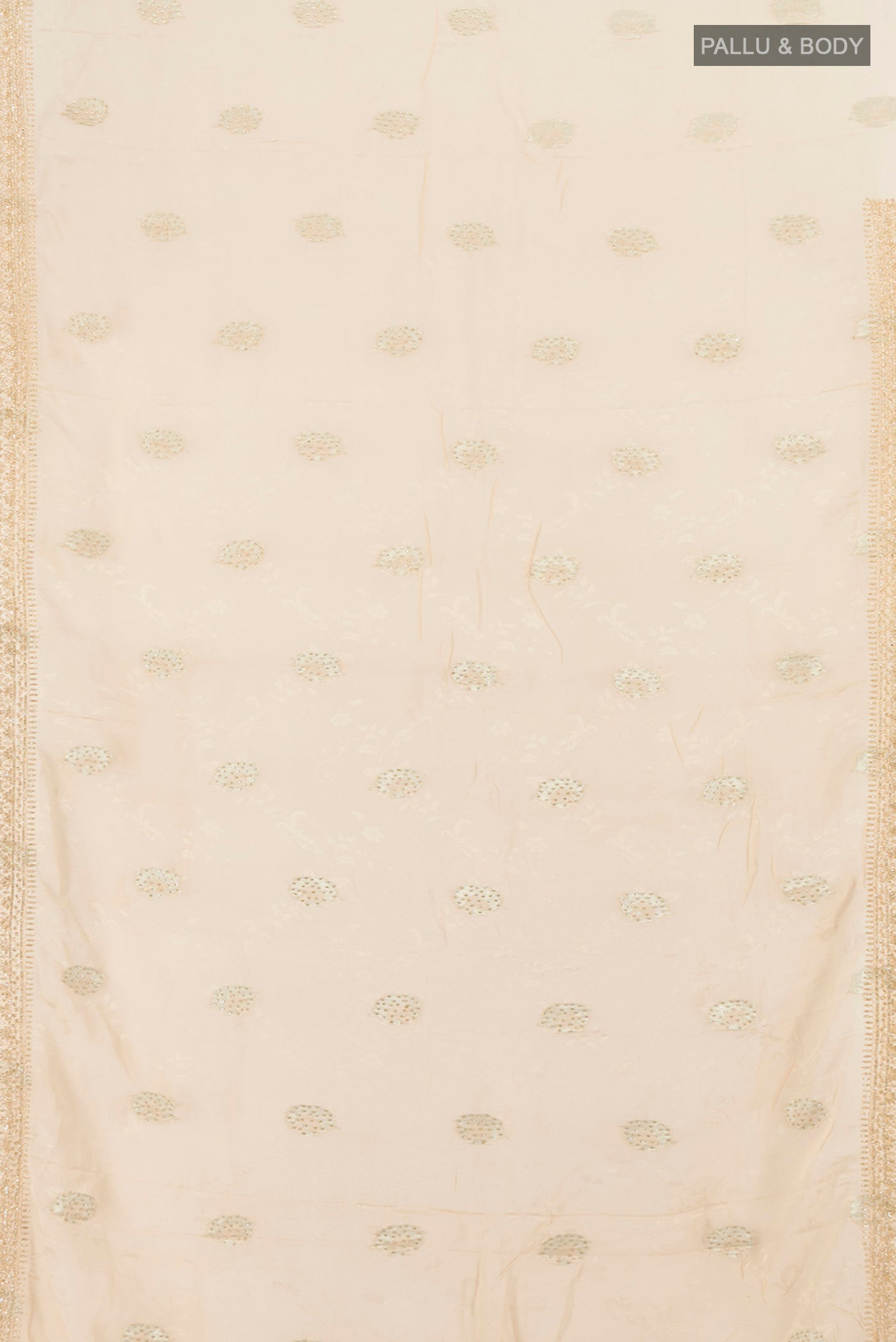 Flat view of Cream Blended Art Silk Saree with Embroidery on the body and Fancy Border. 