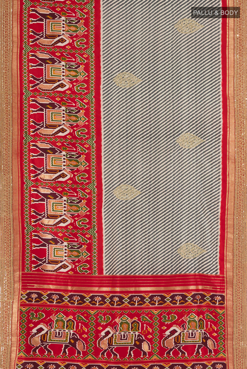 Flat view of Off White Art Silk Saree with Embroidery on the body and Zari Border. 