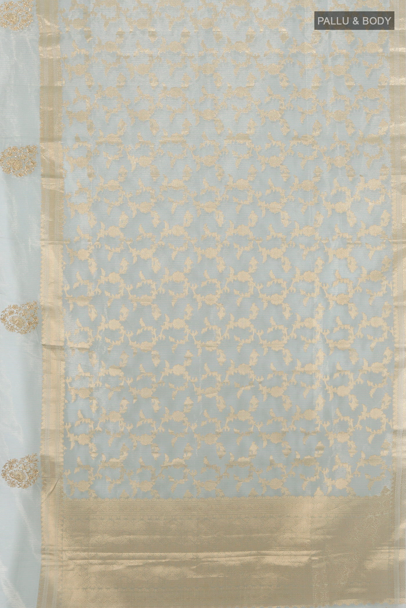 Flat view of Light Green Embroidery Net Saree with Embroidery on the body and Fancy Border. 