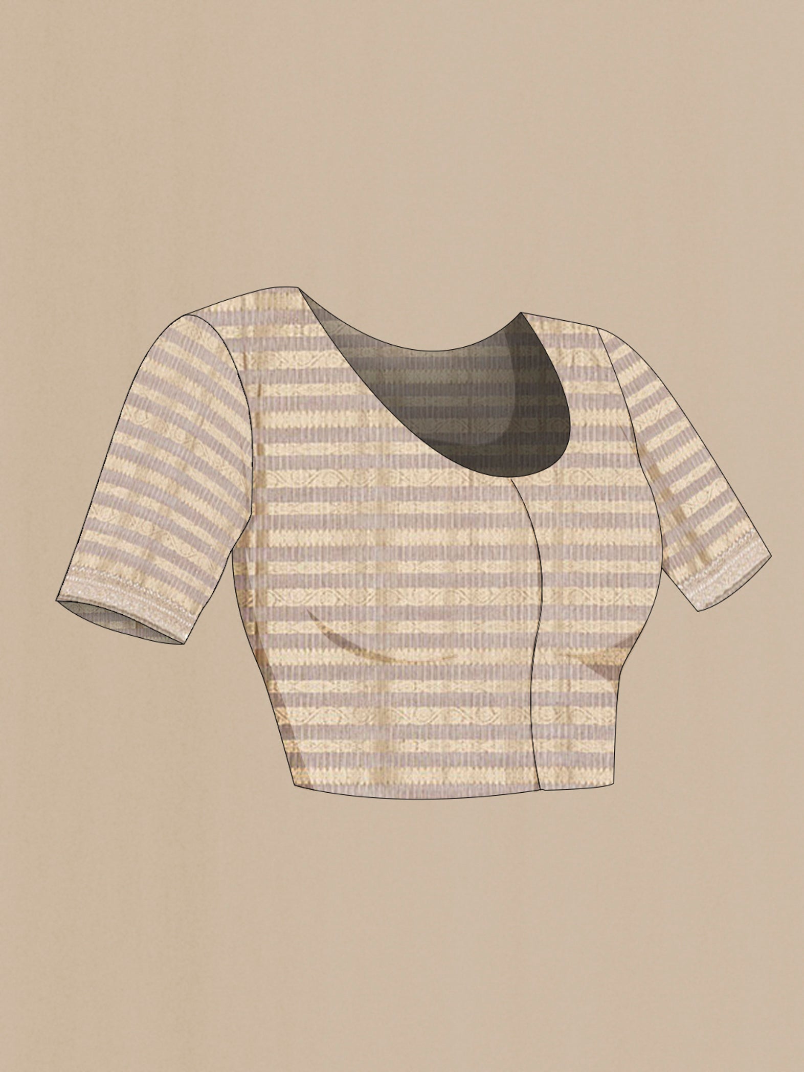 Close up image of the blouse of Golden Art Silk Saree with Stripes on the body and Embroidery Border. 