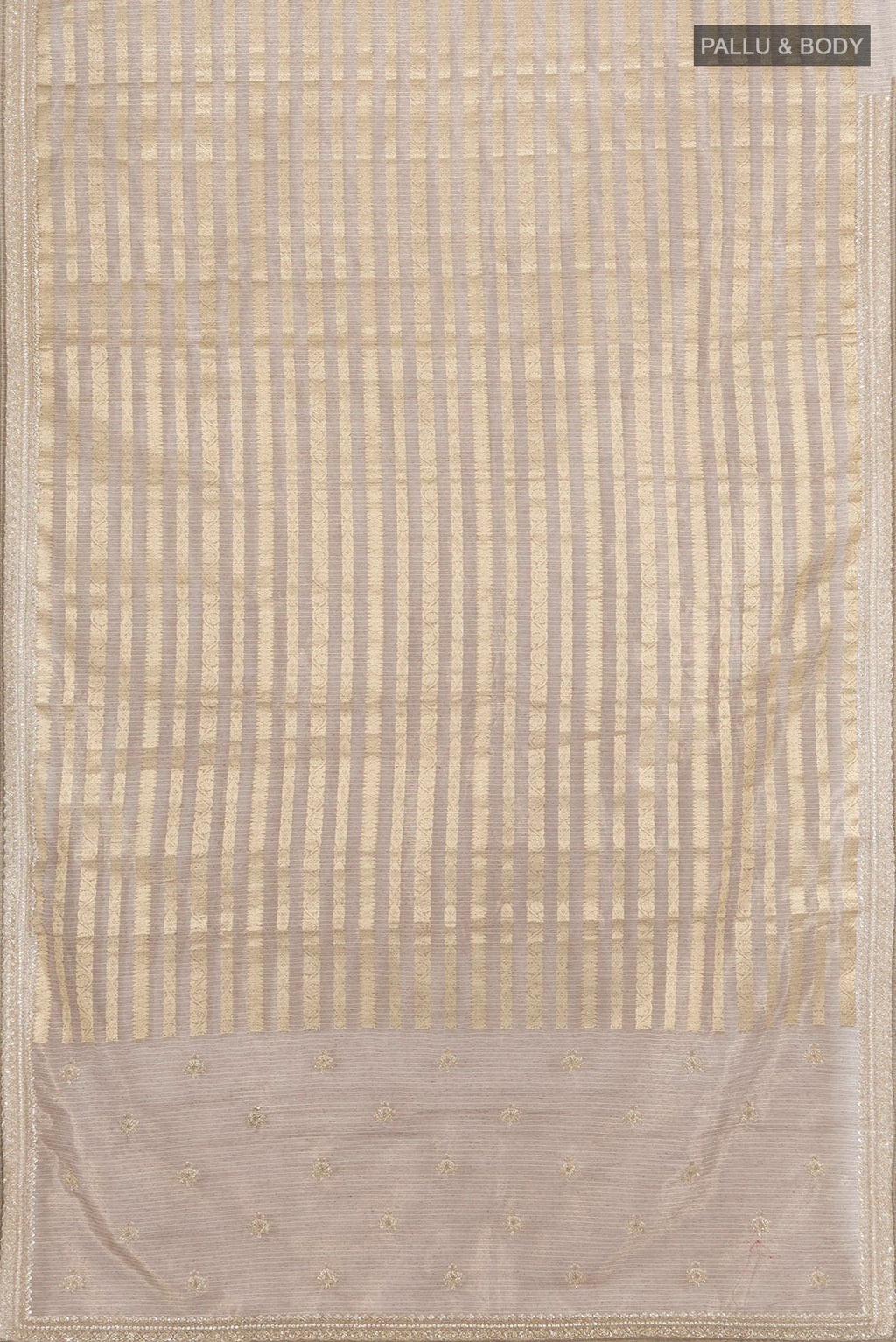 Flat view of Golden Art Silk Saree with Stripes on the body and Embroidery Border. 