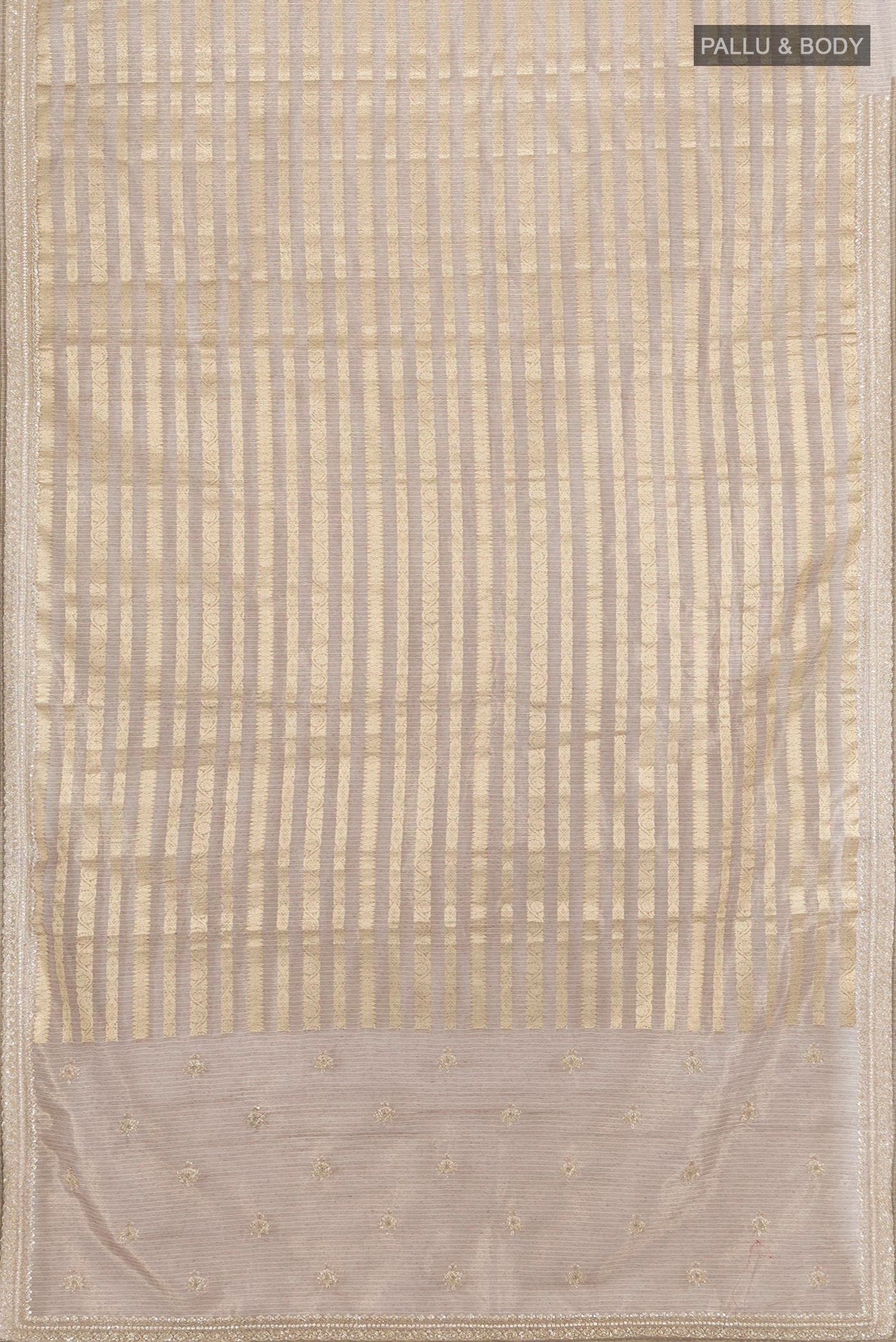 Flat view of Golden Art Silk Saree with Stripes on the body and Embroidery Border. 