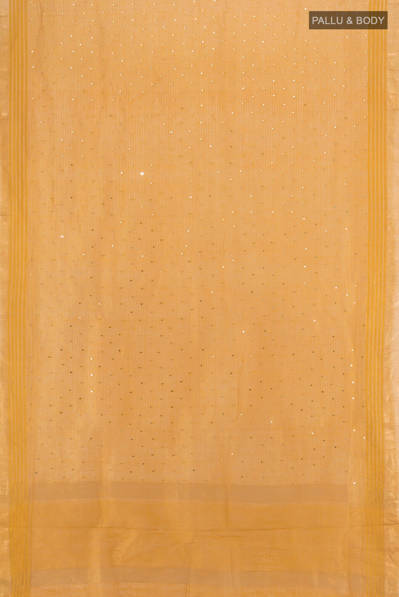 Flat view of Mustard Tussar Silk Saree with Embroidery on the body and Zari Border. 