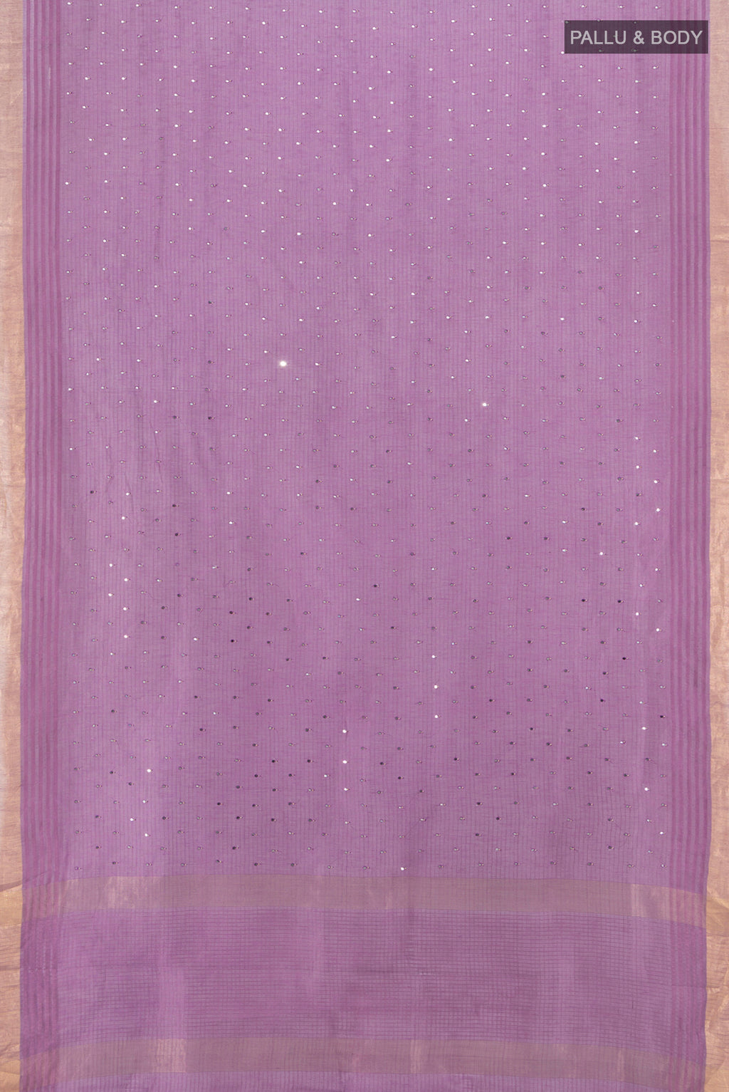 Flat view of Violet Tussar Silk Saree with Embroidery on the body and Silk Border. 