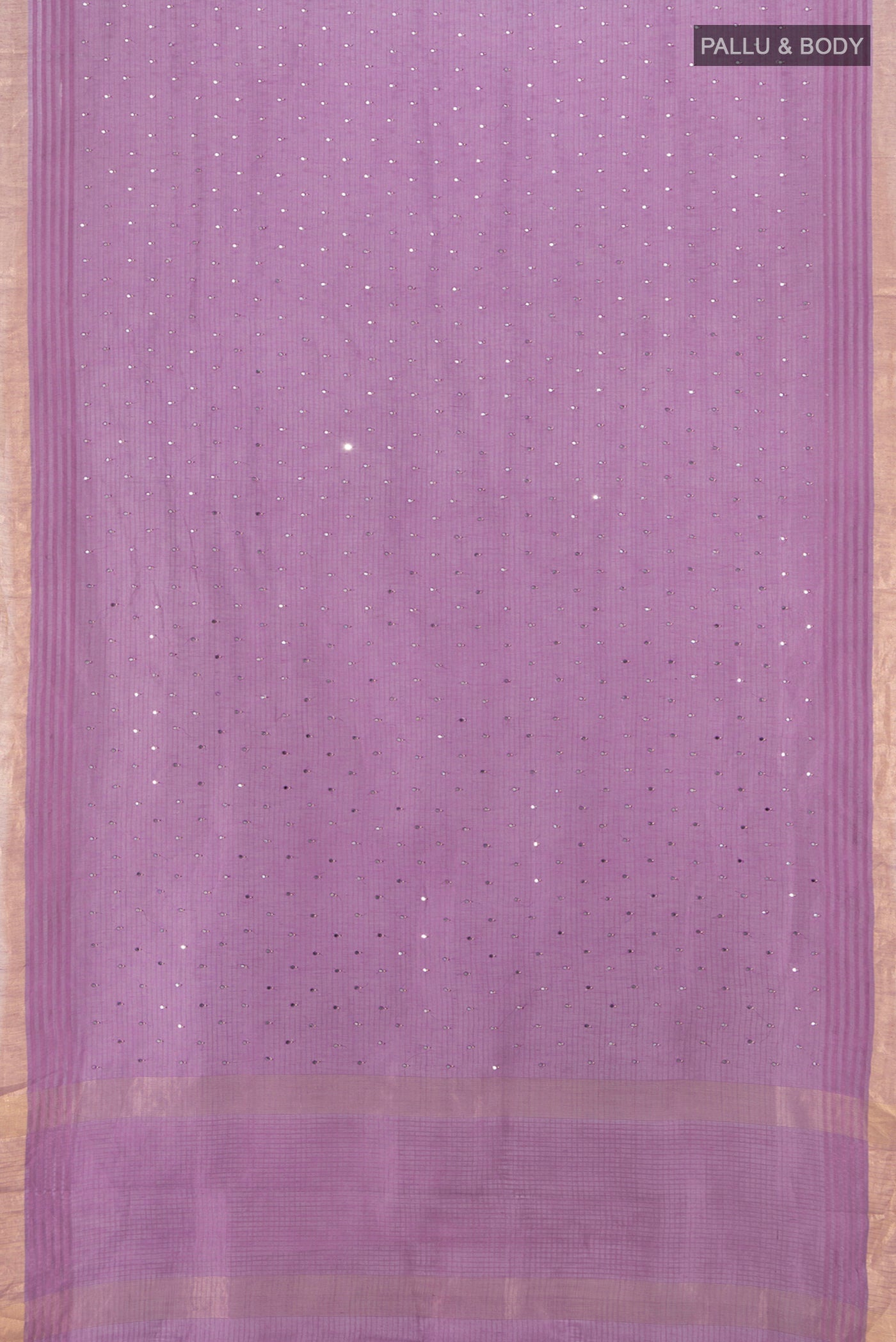 Flat view of Violet Tussar Silk Saree with Embroidery on the body and Silk Border. 