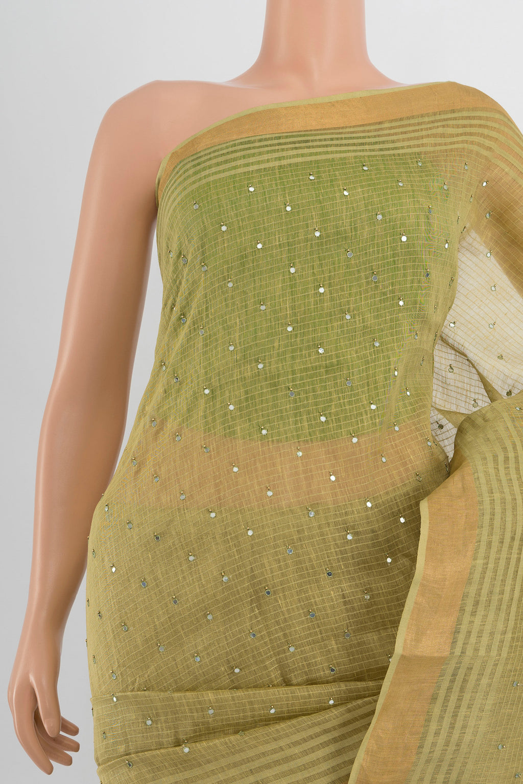 Border image of Light Green Tussar Silk Saree with Embroidery on the body and Silk Border. 