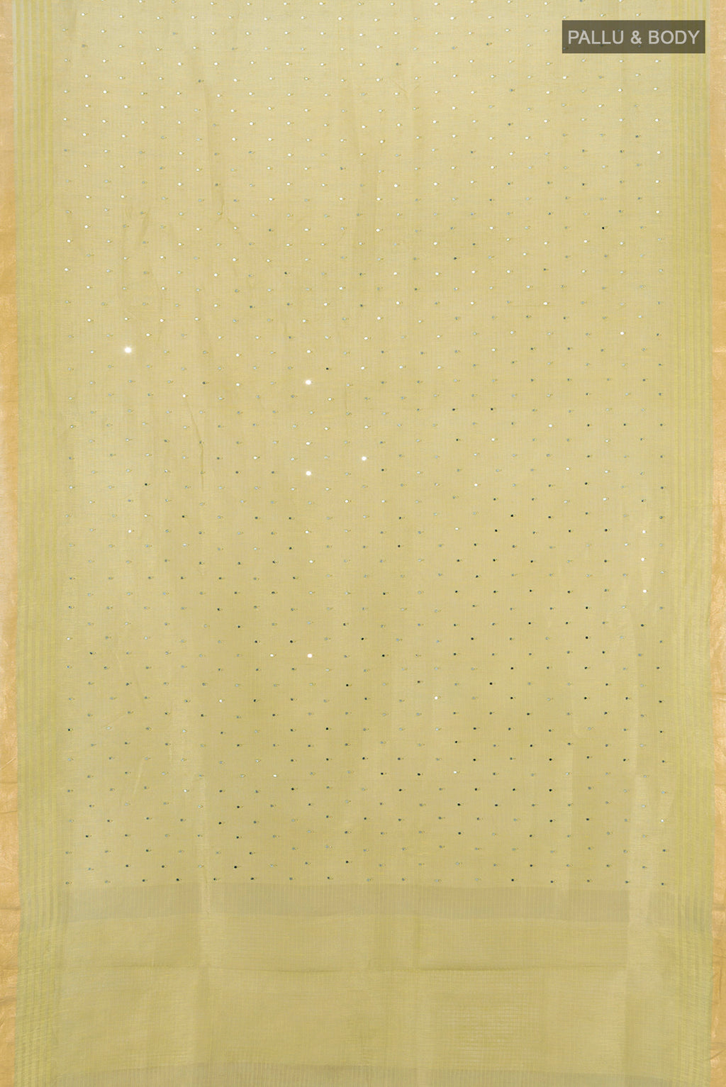 Flat view of Light Green Tussar Silk Saree with Embroidery on the body and Silk Border. 