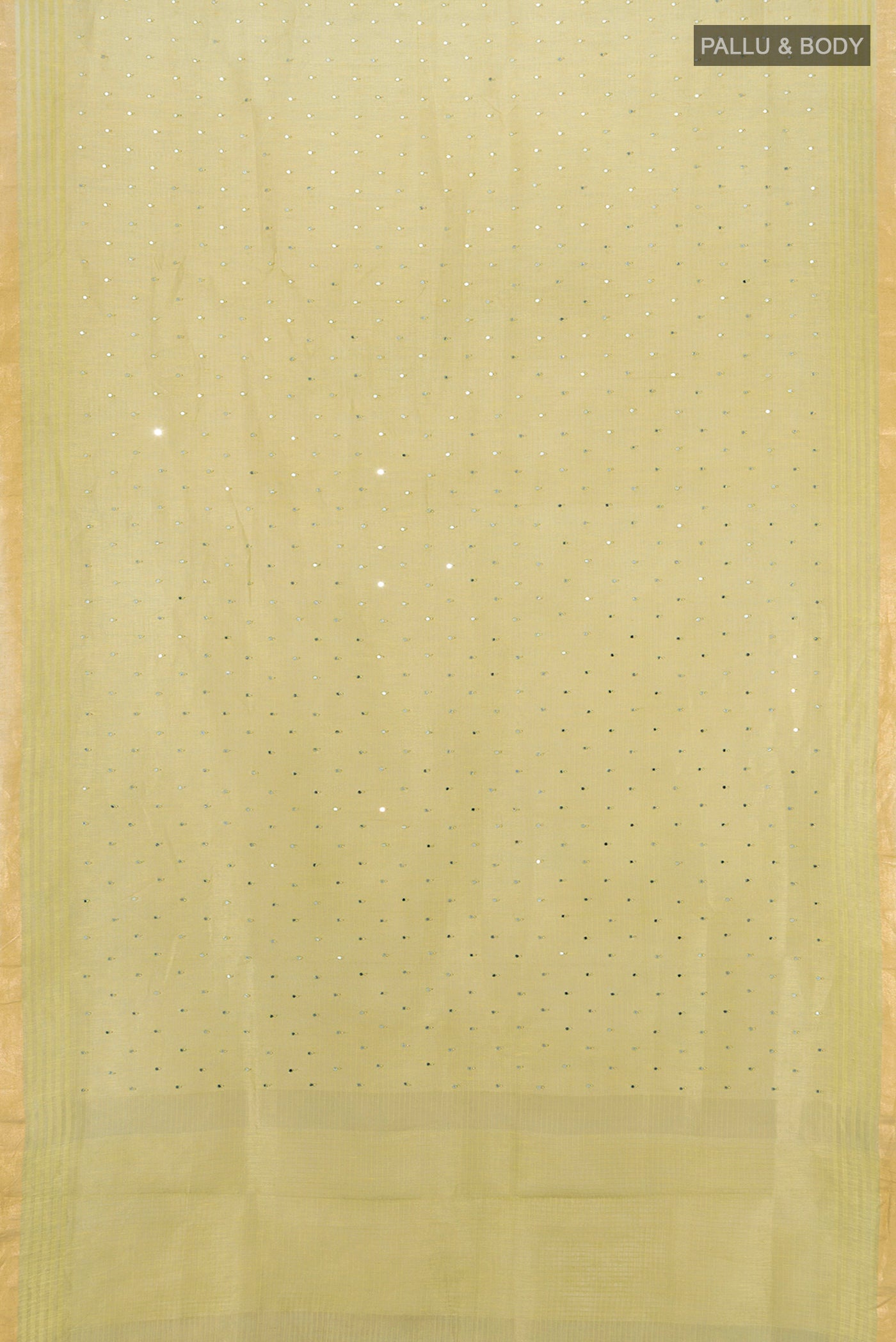 Flat view of Light Green Tussar Silk Saree with Embroidery on the body and Silk Border. 