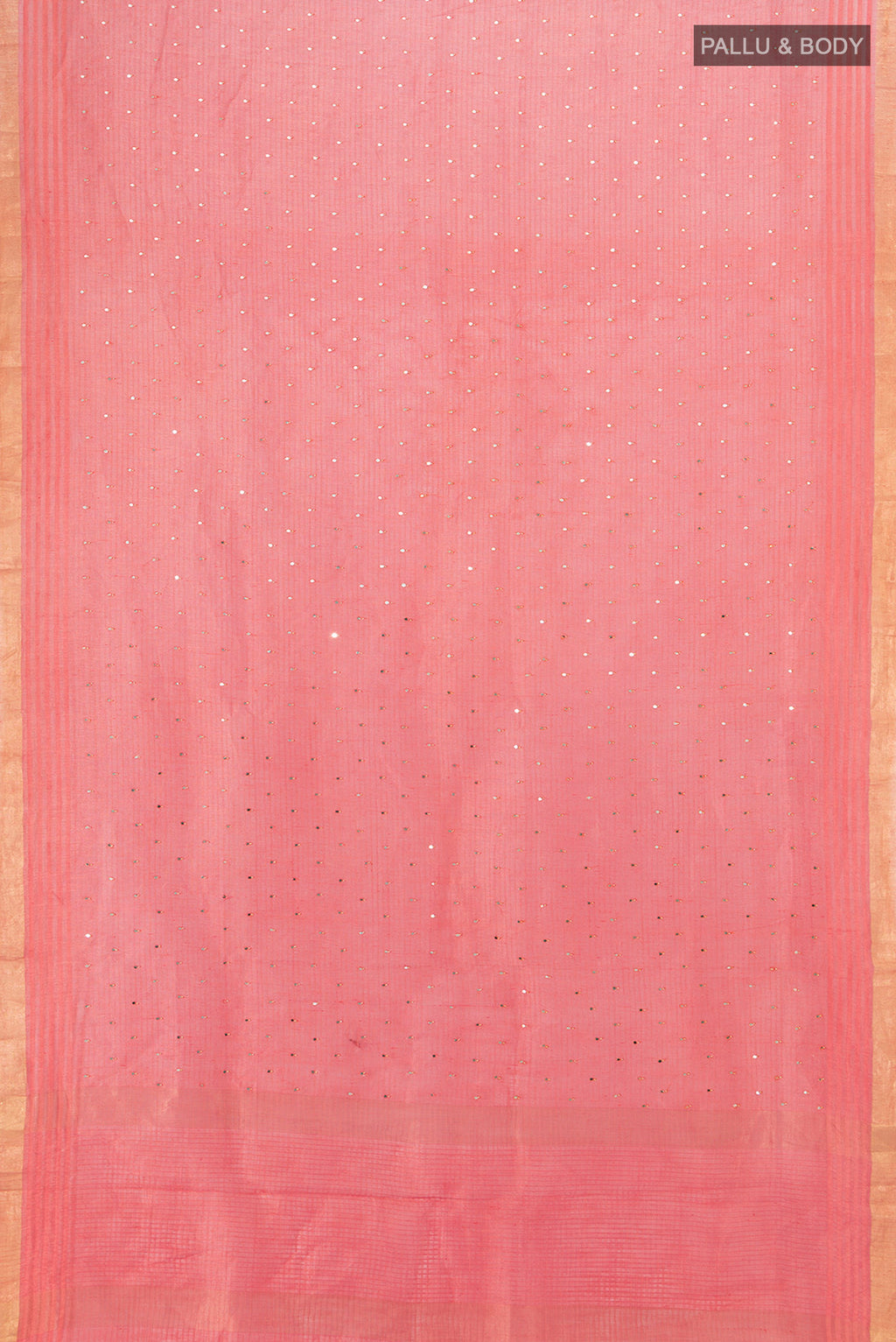 Flat view of Pink Tussar Silk Saree with Embroidery on the body and Zari Border. 